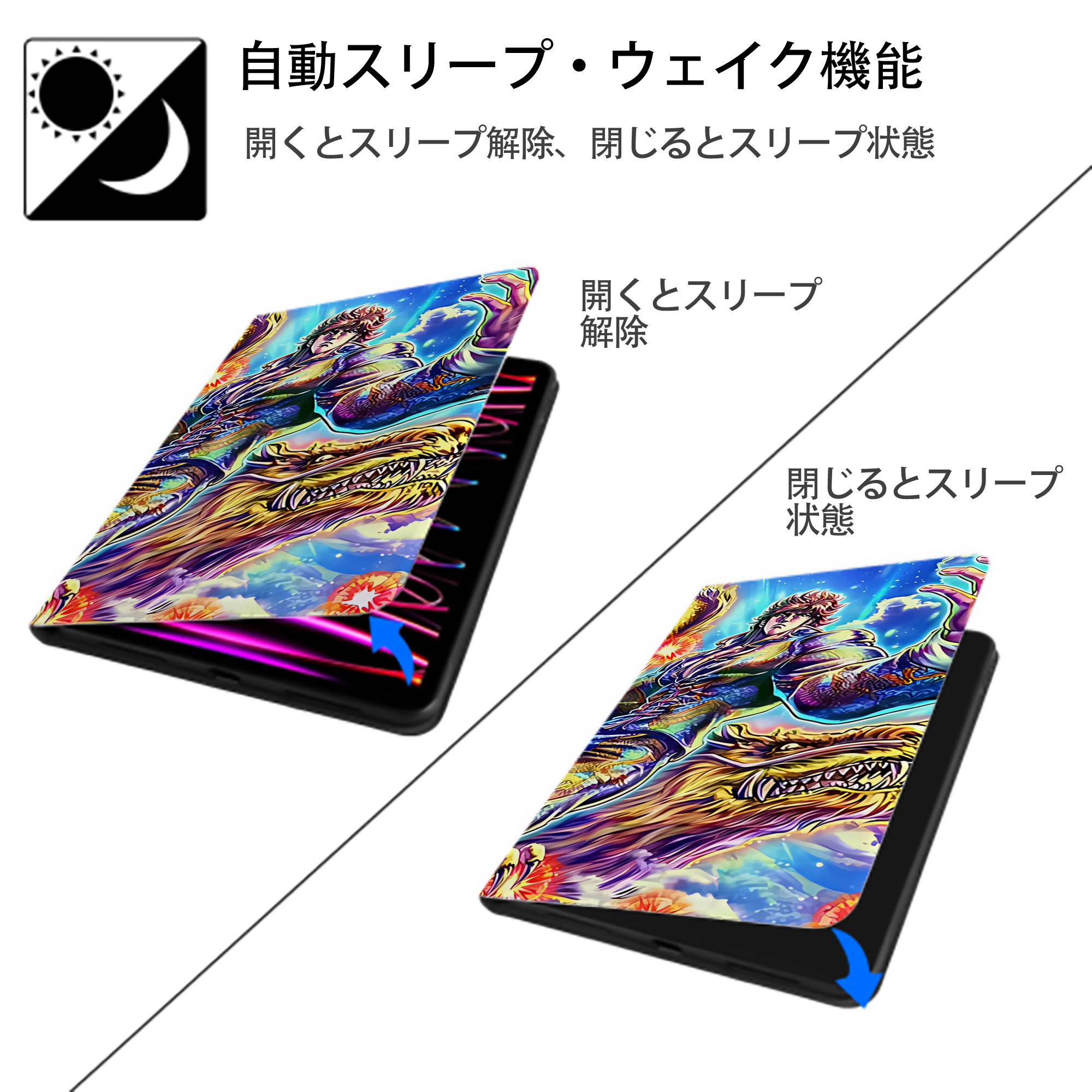北斗の拳 Fist of the North Star IPad ケース ブック型 PUレザー TPU 耐衝撃 軽量 薄型 ペン収納なし 全面保護 IPad 各モデル対応