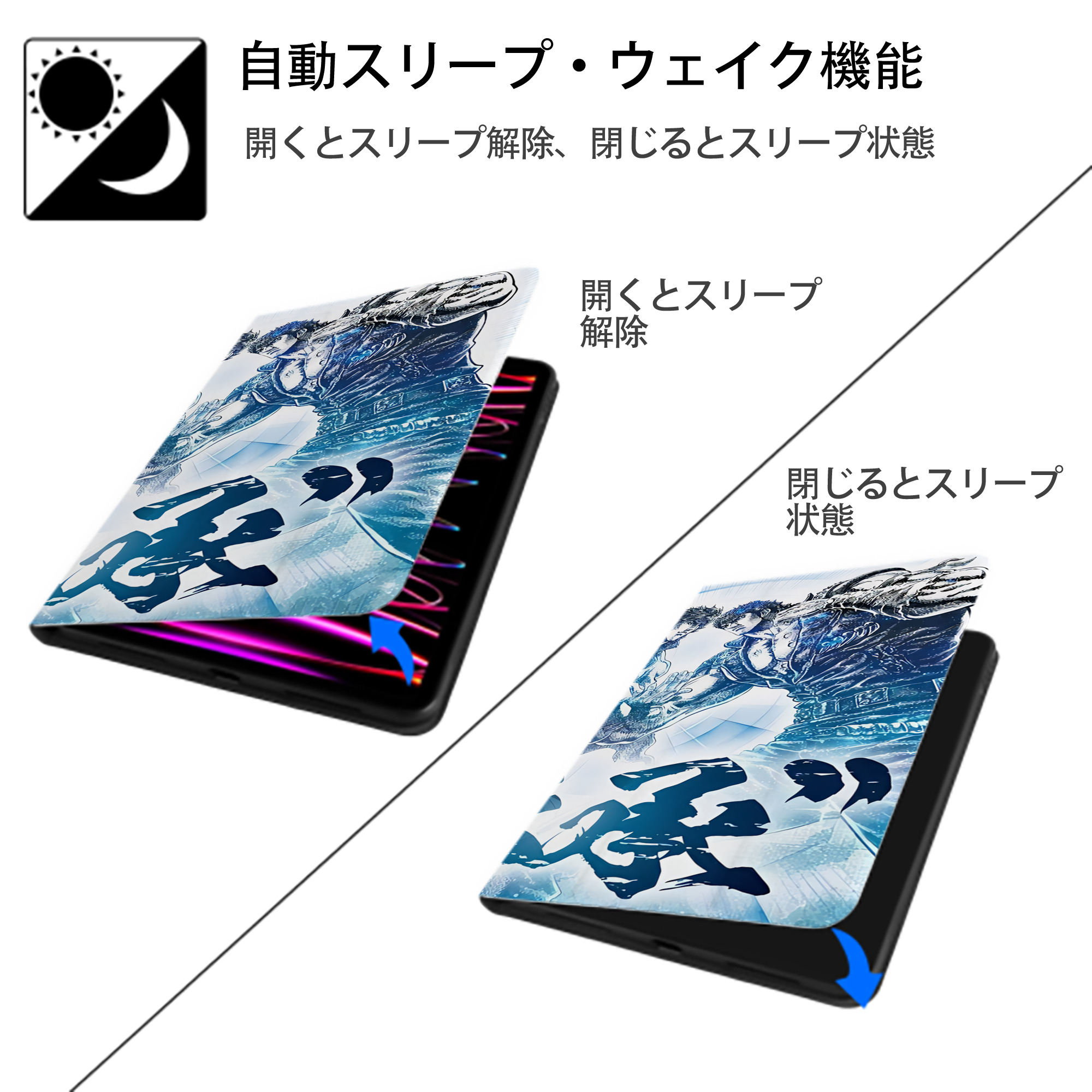 北斗の拳 Fist of the North Star IPad ケース ブック型 PUレザー TPU 耐衝撃 軽量 薄型 ペン収納なし 全面保護 IPad 各モデル対応