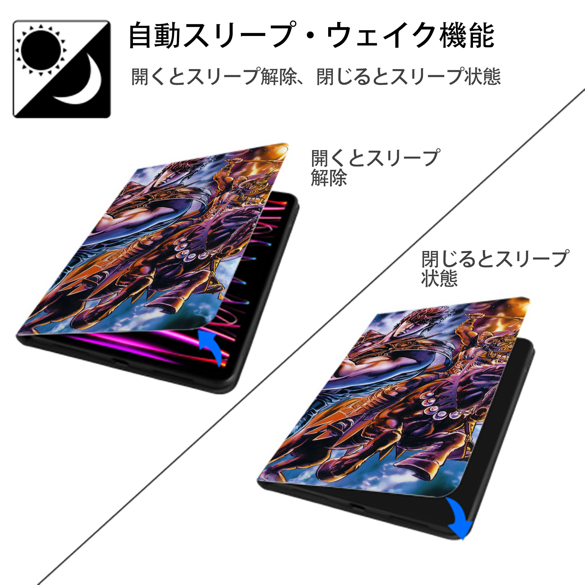 北斗の拳 Fist of the North Star IPad ケース ブック型 PUレザー TPU 耐衝撃 軽量 薄型 ペン収納なし 全面保護 IPad 各モデル対応