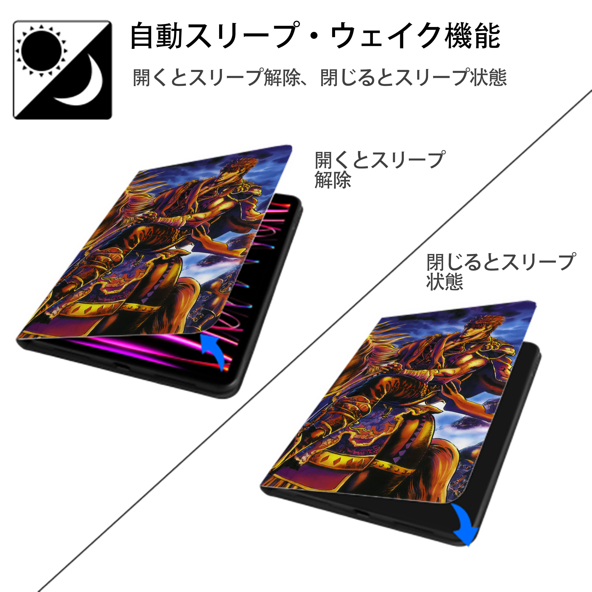 北斗の拳 Fist of the North Star IPad ケース ブック型 PUレザー TPU 耐衝撃 軽量 薄型 ペン収納なし 全面保護 IPad 各モデル対応