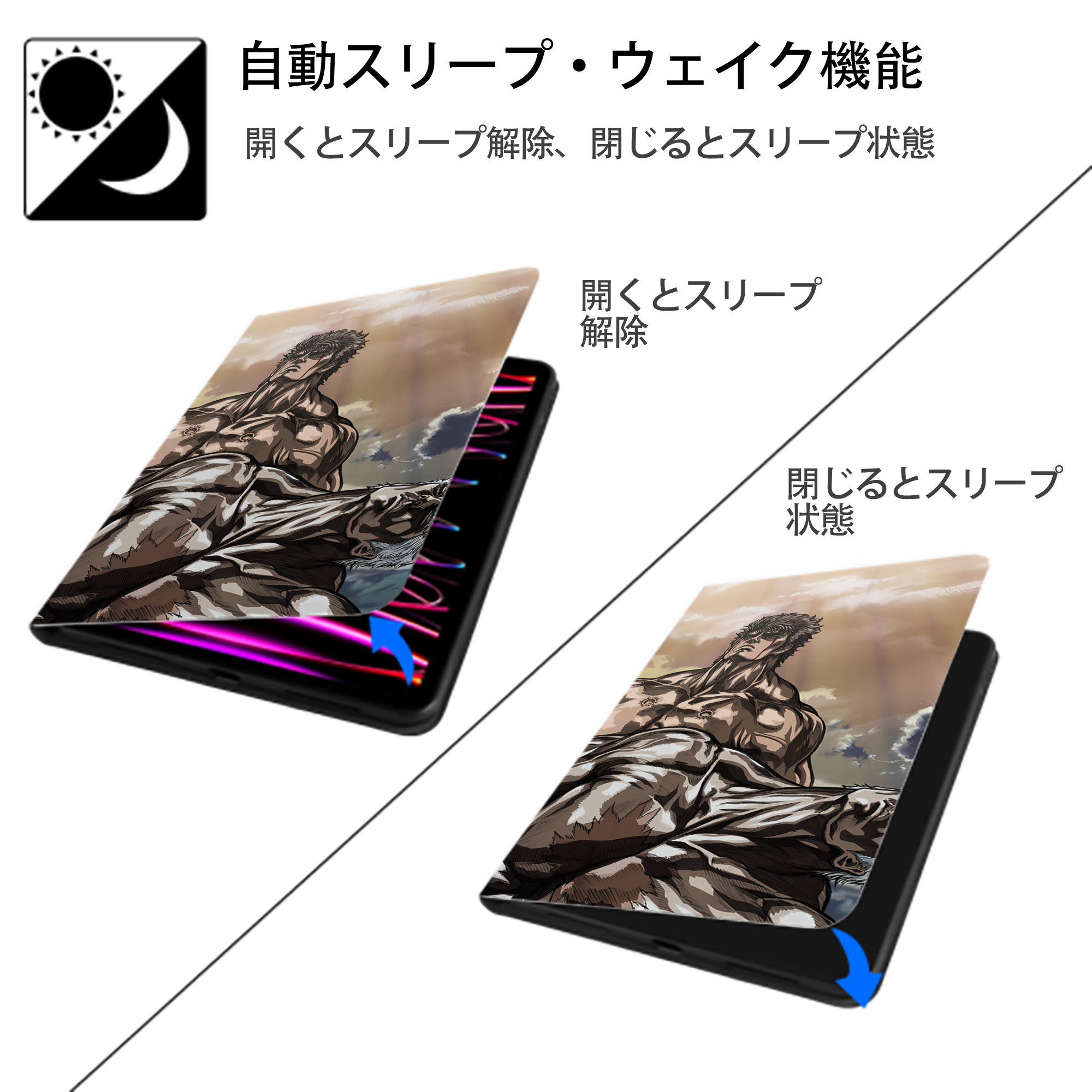 北斗の拳 Fist of the North Star IPad ケース ブック型 PUレザー TPU 耐衝撃 軽量 薄型 ペン収納なし 全面保護 IPad 各モデル対応