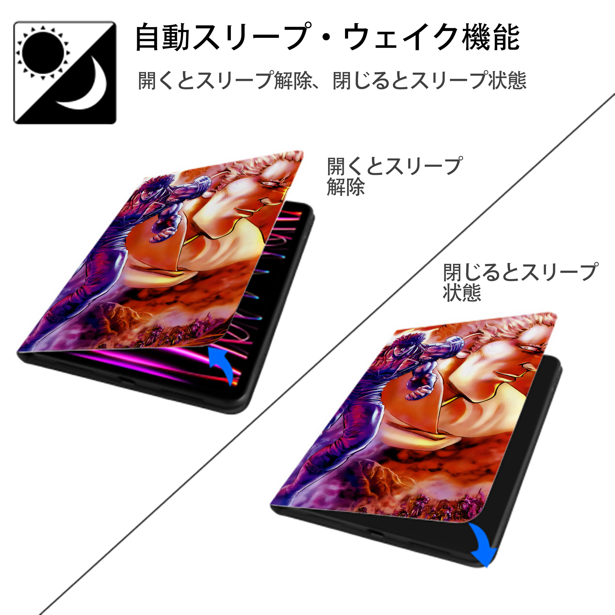 北斗の拳 Fist of the North Star IPad ケース ブック型 PUレザー TPU 耐衝撃 軽量 薄型 ペン収納なし 全面保護 IPad 各モデル対応