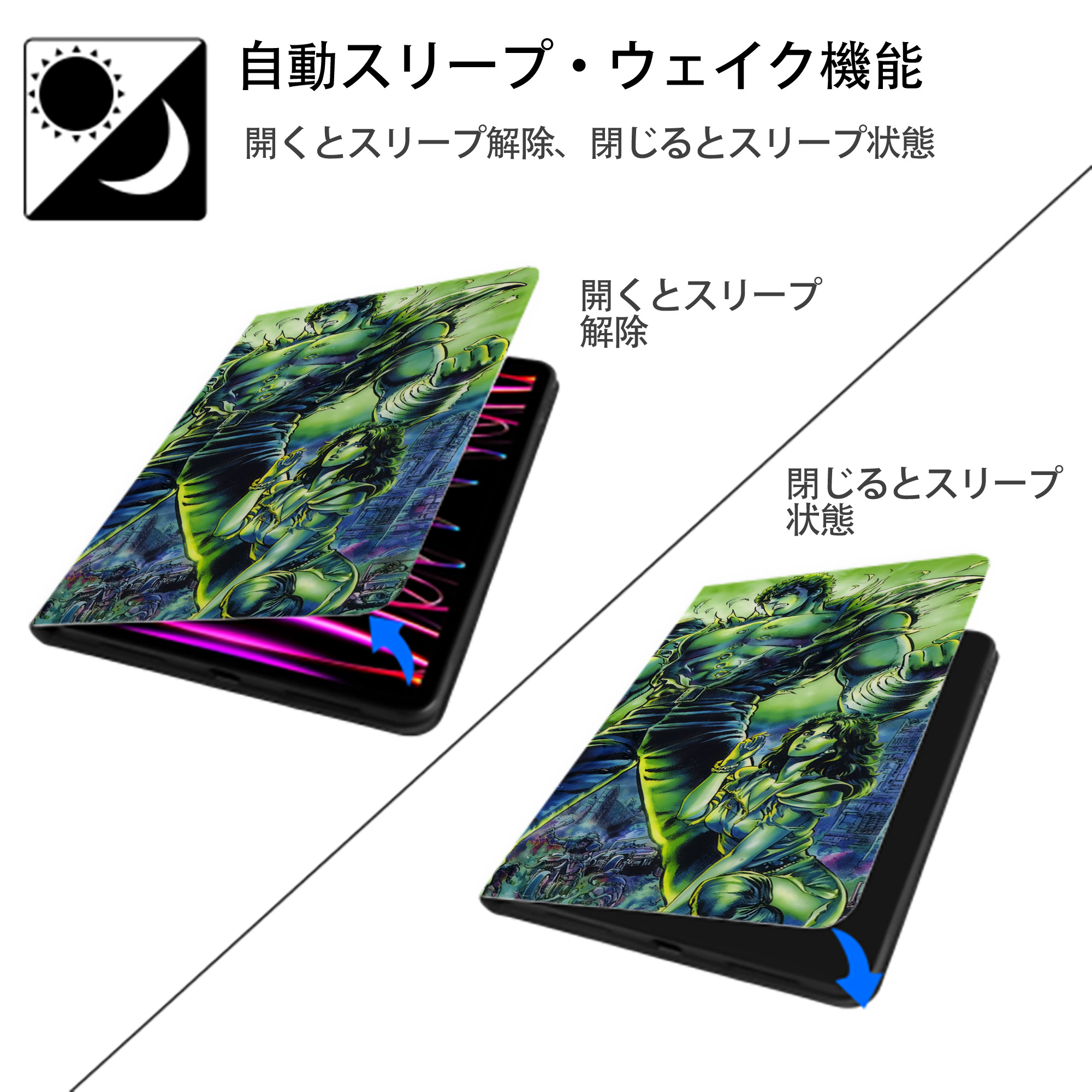 北斗の拳 Fist of the North Star IPad ケース ブック型 PUレザー TPU 耐衝撃 軽量 薄型 ペン収納なし 全面保護 IPad 各モデル対応