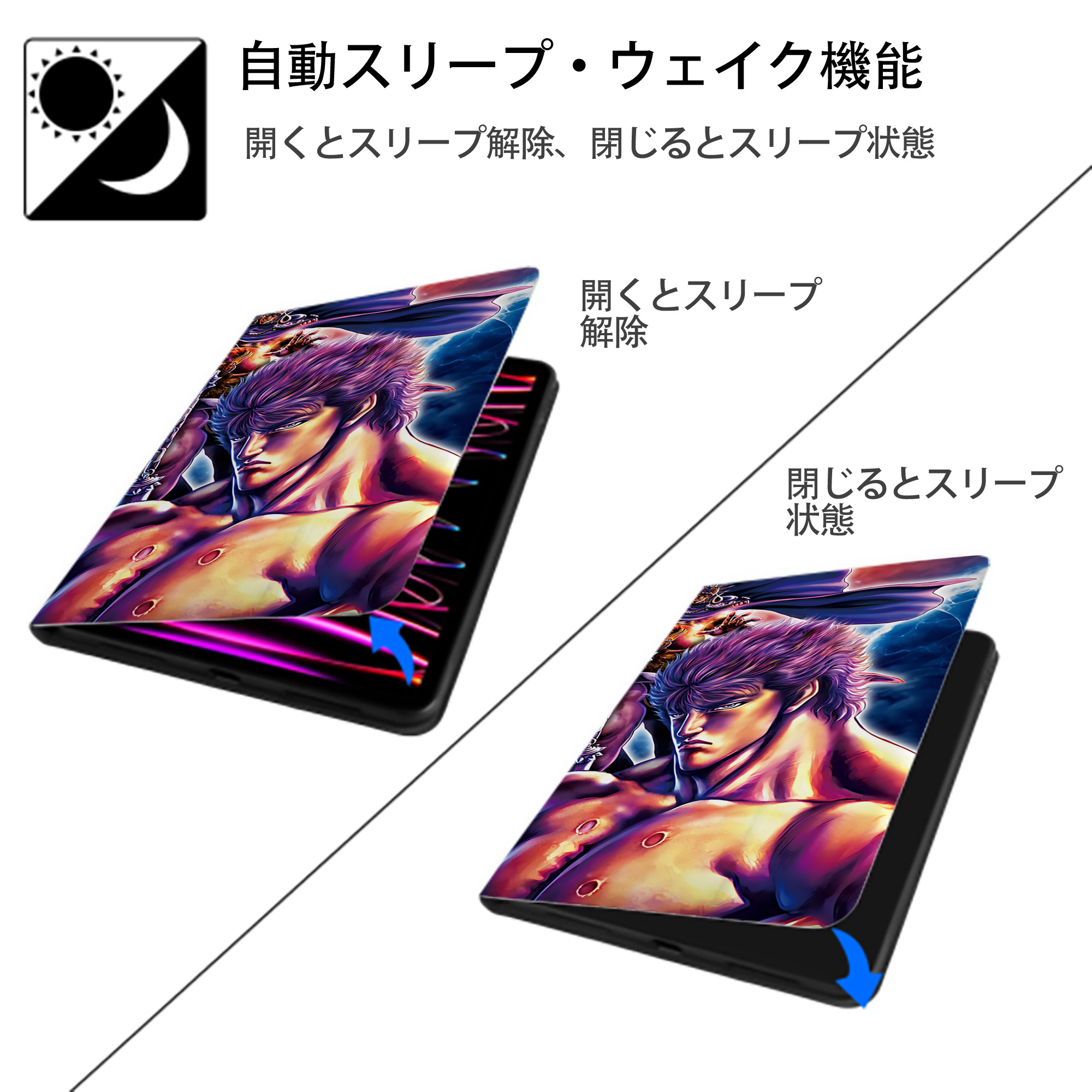 北斗の拳 Fist of the North Star IPad ケース ブック型 PUレザー TPU 耐衝撃 軽量 薄型 ペン収納なし 全面保護 IPad 各モデル対応