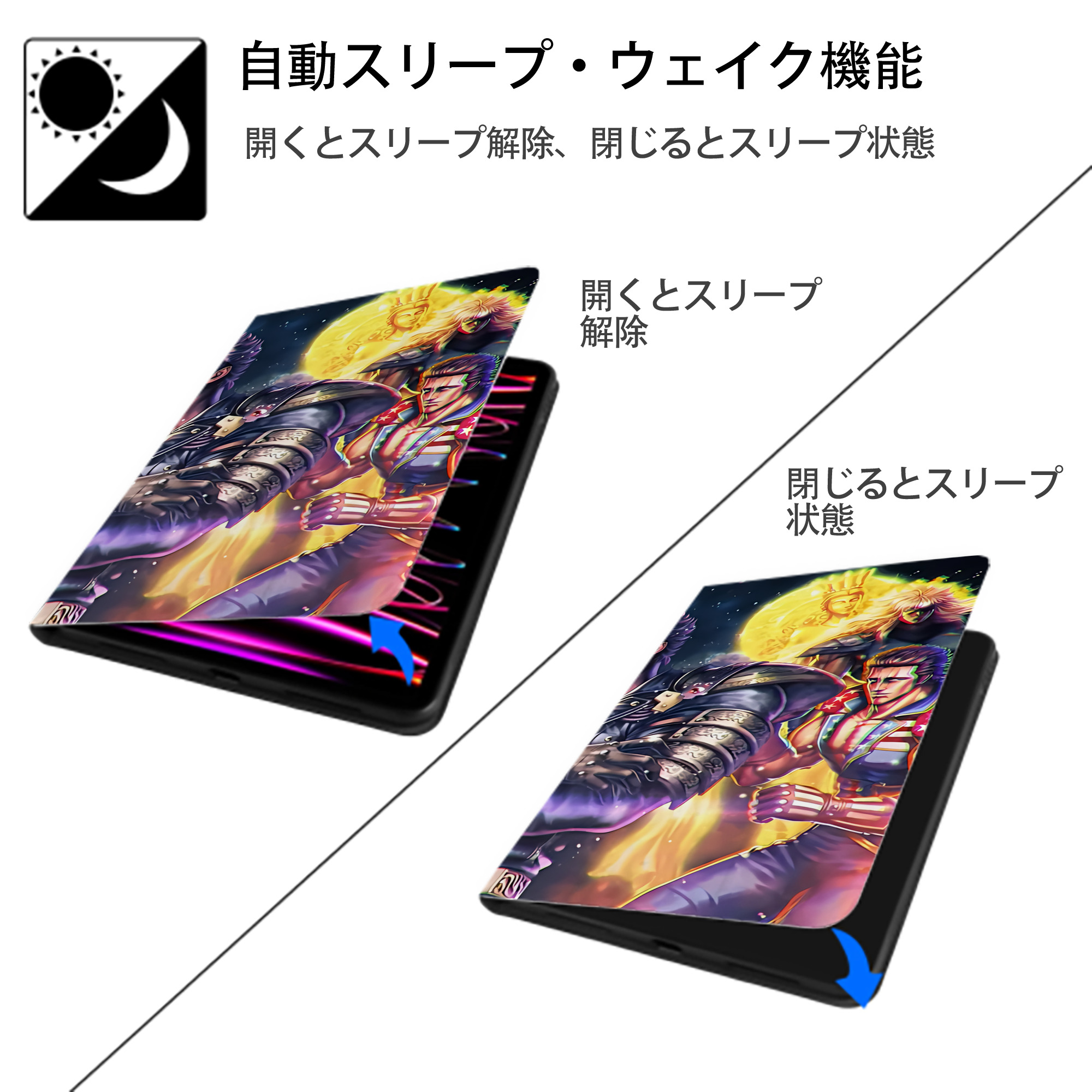 北斗の拳 Fist of the North Star IPad ケース ブック型 PUレザー TPU 耐衝撃 軽量 薄型 ペン収納なし 全面保護 IPad 各モデル対応