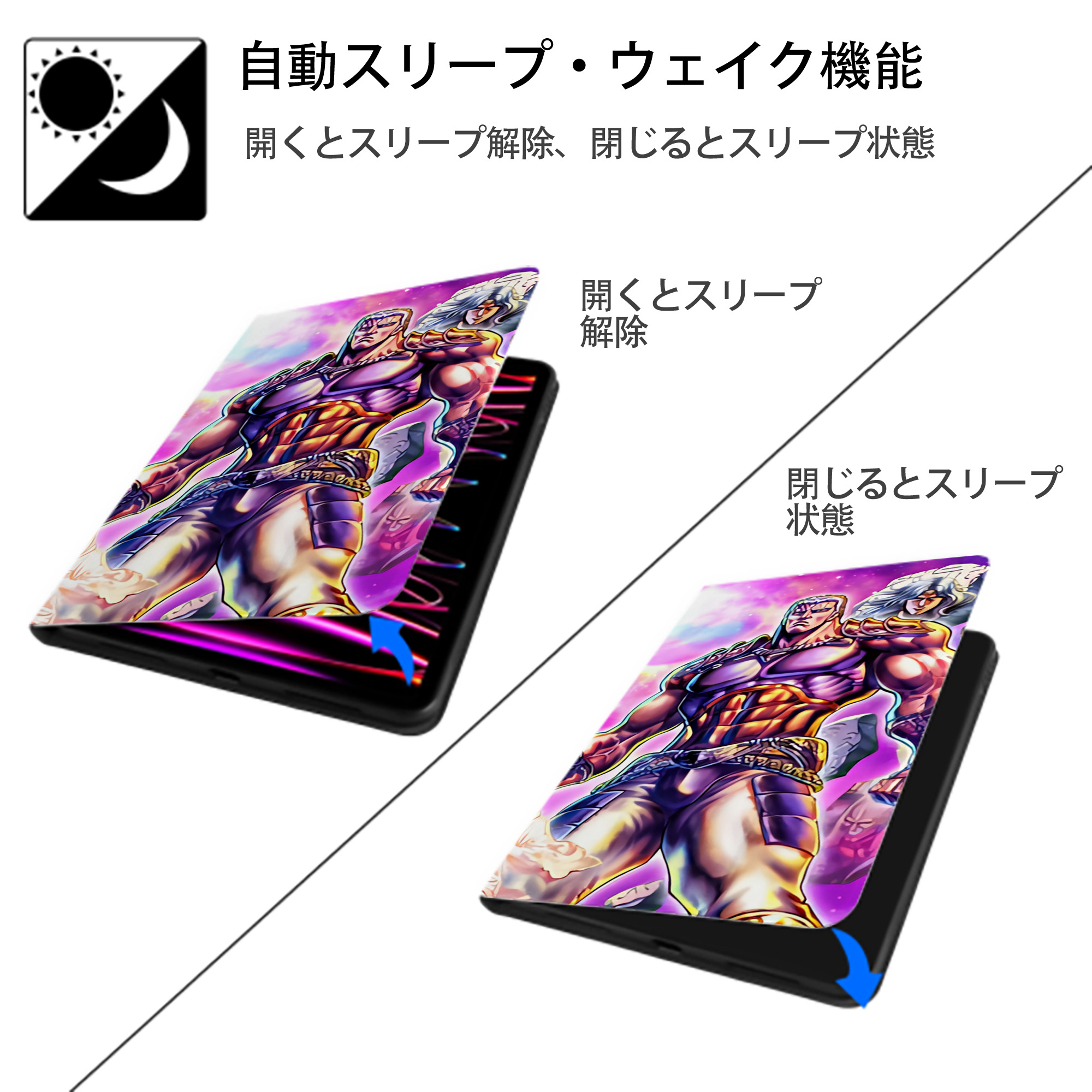 北斗の拳 Fist of the North Star IPad ケース ブック型 PUレザー TPU 耐衝撃 軽量 薄型 ペン収納なし 全面保護 IPad 各モデル対応