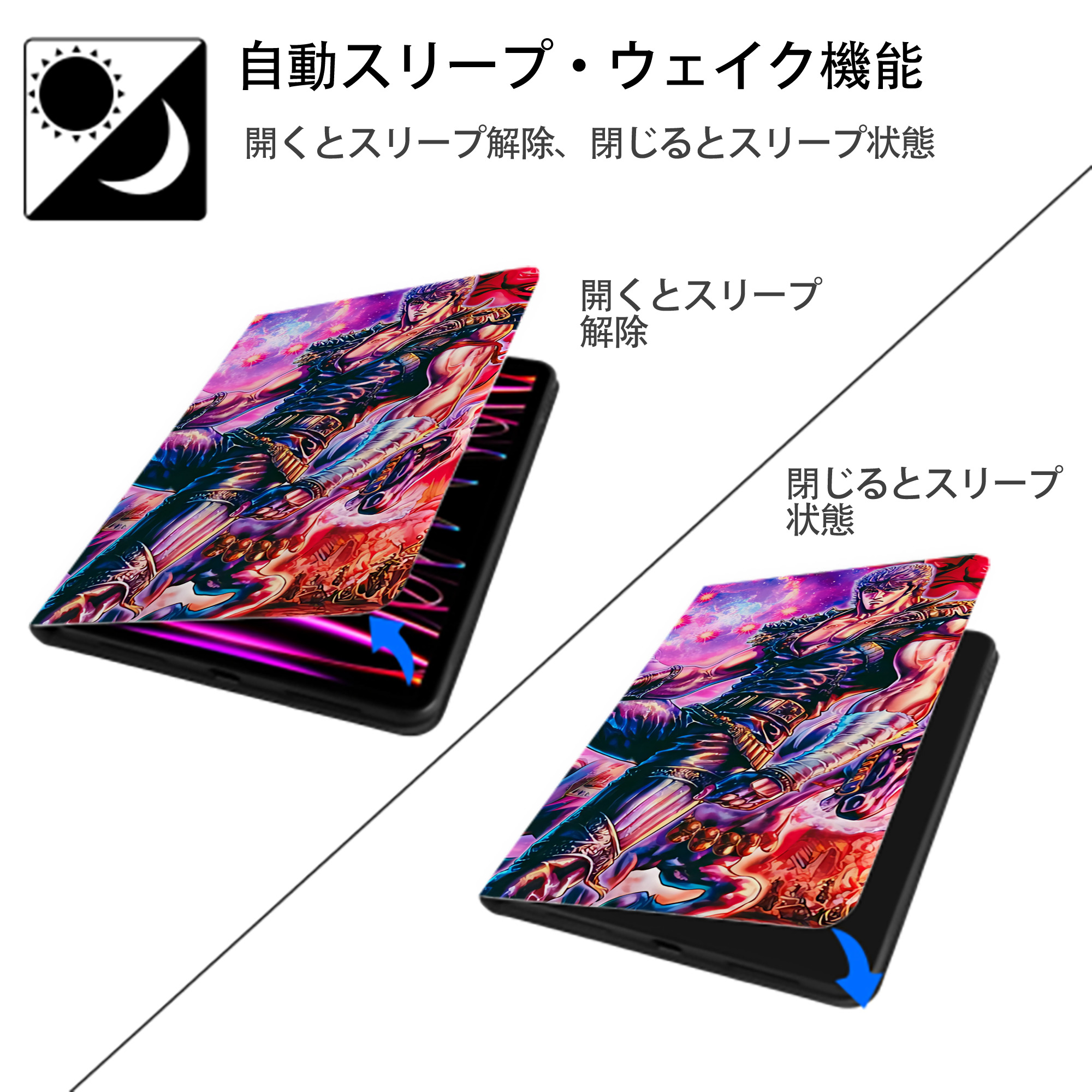 北斗の拳 Fist of the North Star IPad ケース ブック型 PUレザー TPU 耐衝撃 軽量 薄型 ペン収納なし 全面保護 IPad 各モデル対応