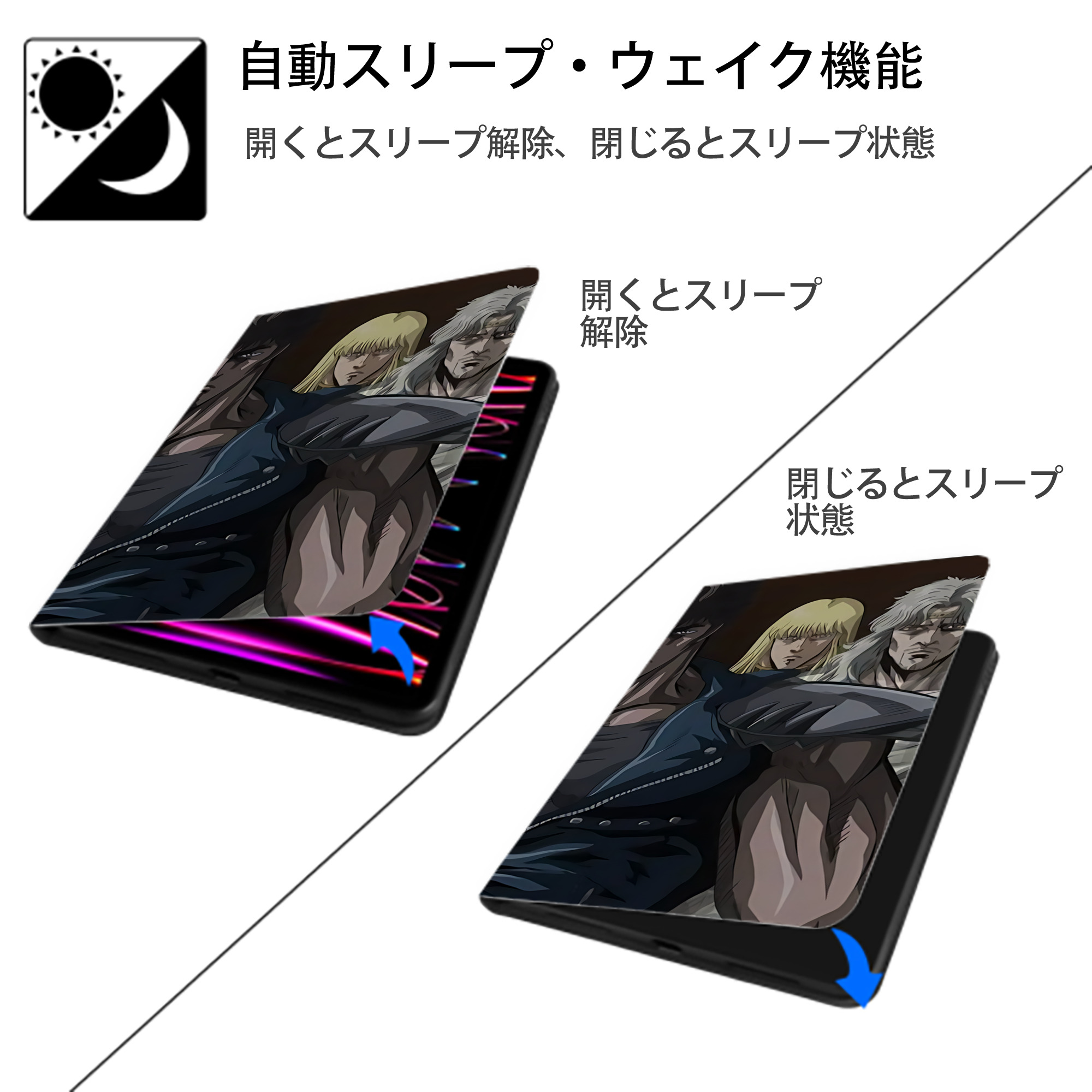 北斗の拳 Fist of the North Star IPad ケース ブック型 PUレザー TPU 耐衝撃 軽量 薄型 ペン収納なし 全面保護 IPad 各モデル対応