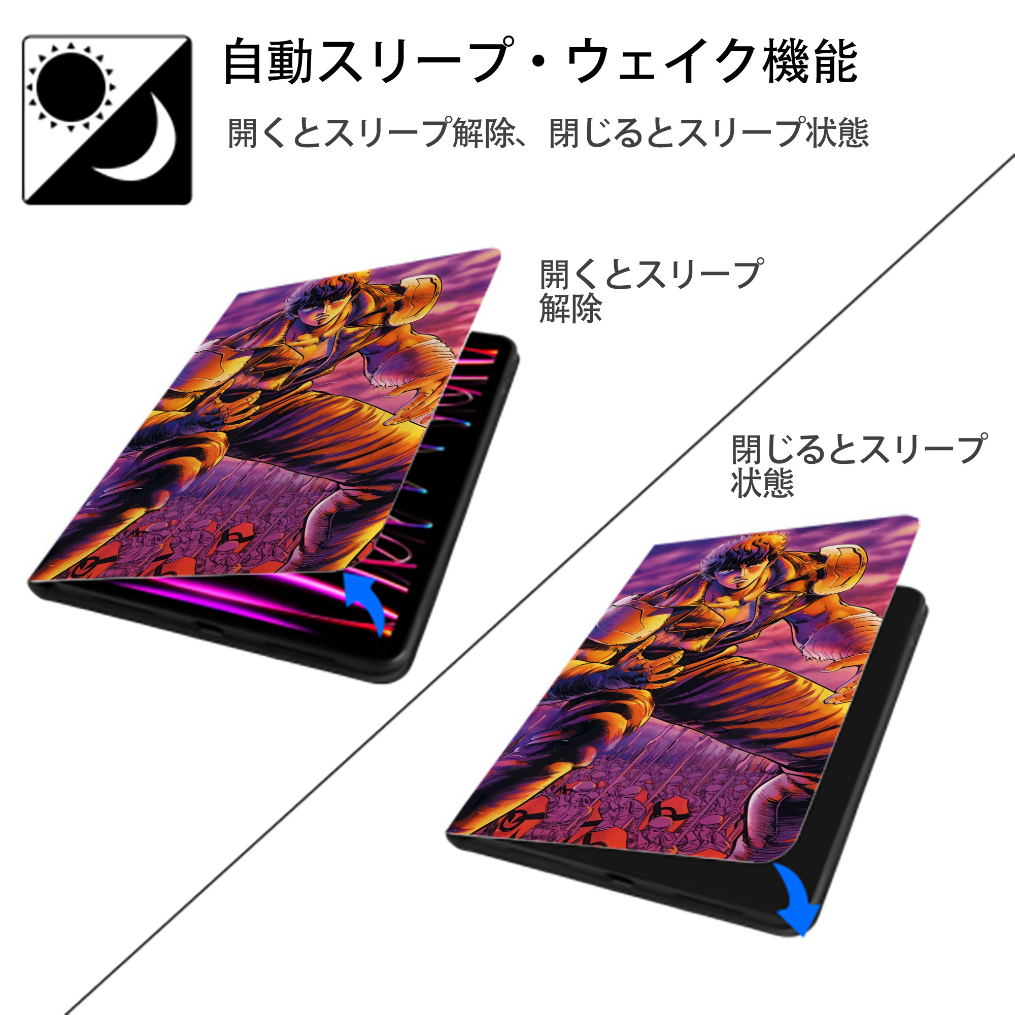 北斗の拳 Fist of the North Star IPad ケース ブック型 PUレザー TPU 耐衝撃 軽量 薄型 ペン収納なし 全面保護 IPad 各モデル対応