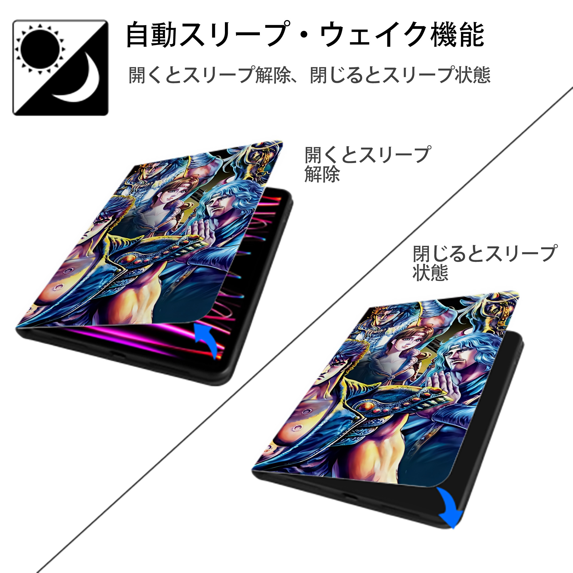 北斗の拳 Fist of the North Star IPad ケース ブック型 PUレザー TPU 耐衝撃 軽量 薄型 ペン収納なし 全面保護 IPad 各モデル対応