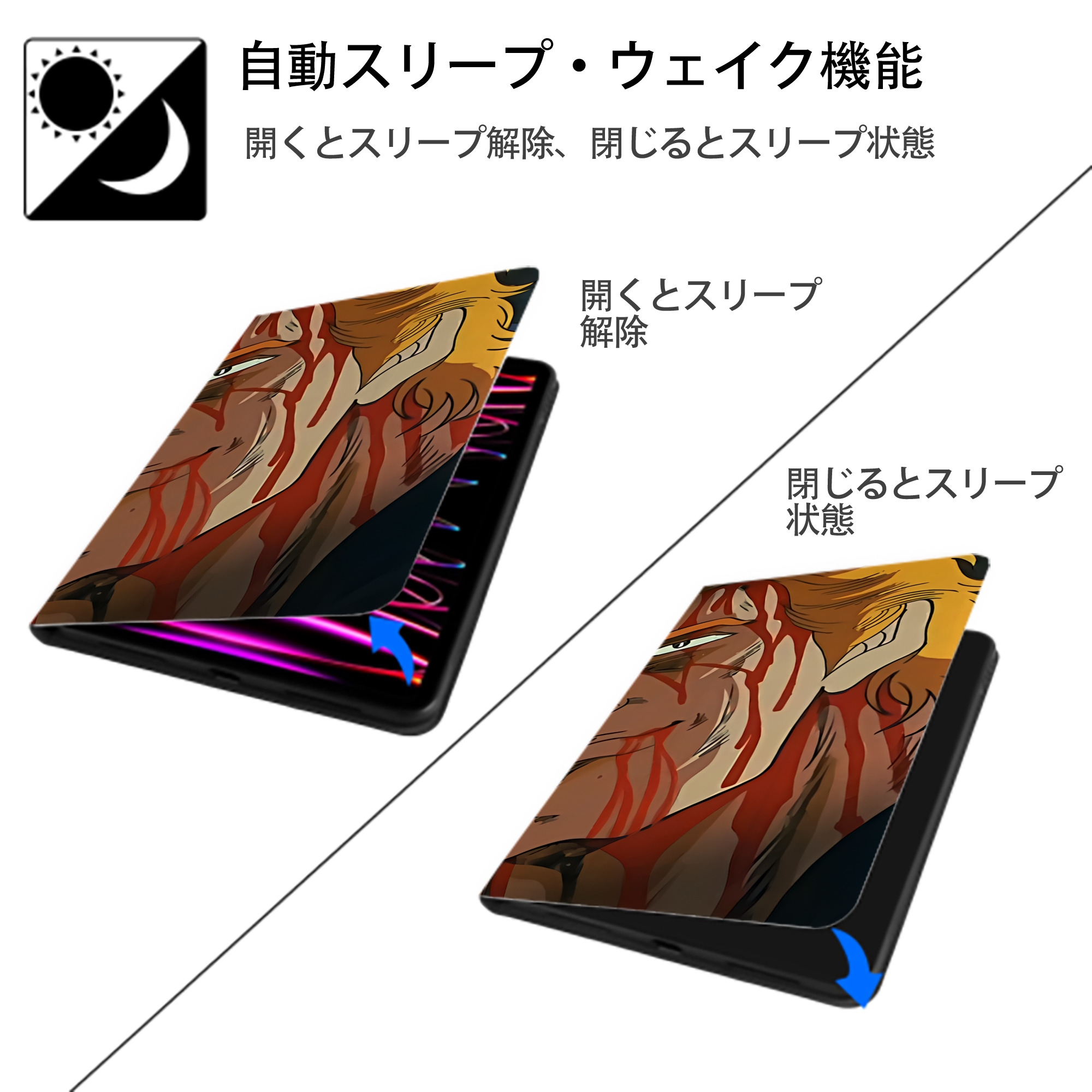 北斗の拳 Fist of the North Star IPad ケース ブック型 PUレザー TPU 耐衝撃 軽量 薄型 ペン収納なし 全面保護 IPad 各モデル対応