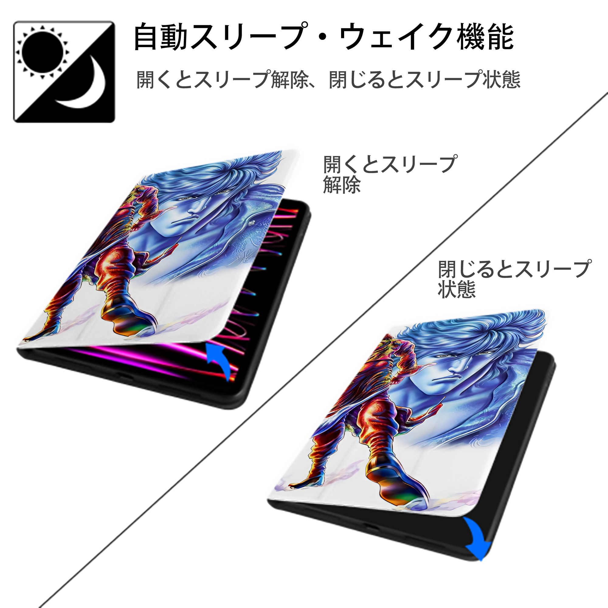 北斗の拳 Fist of the North Star IPad ケース ブック型 PUレザー TPU 耐衝撃 軽量 薄型 ペン収納なし 全面保護 IPad 各モデル対応