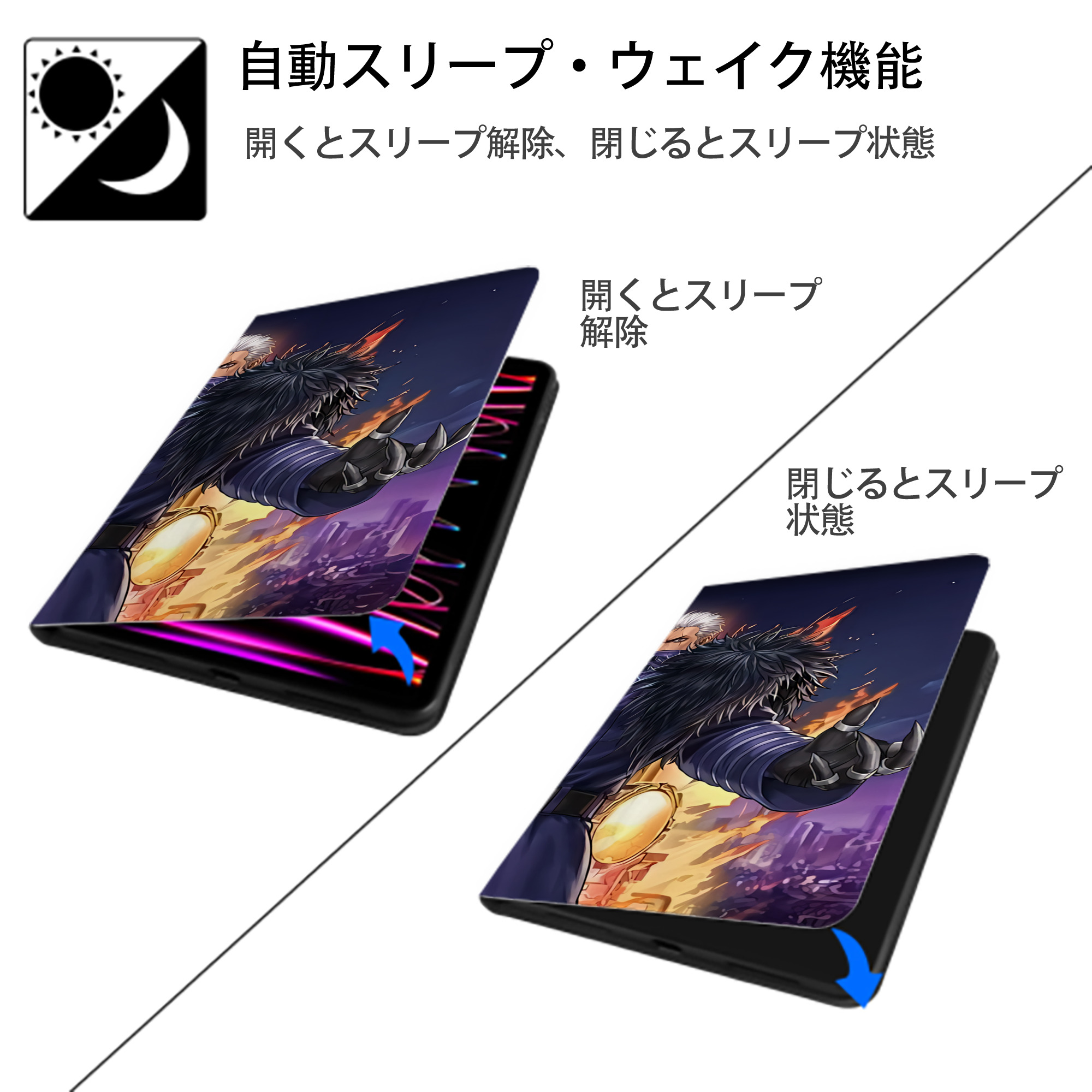 北斗の拳 Fist of the North Star IPad ケース ブック型 PUレザー TPU 耐衝撃 軽量 薄型 ペン収納なし 全面保護 IPad 各モデル対応