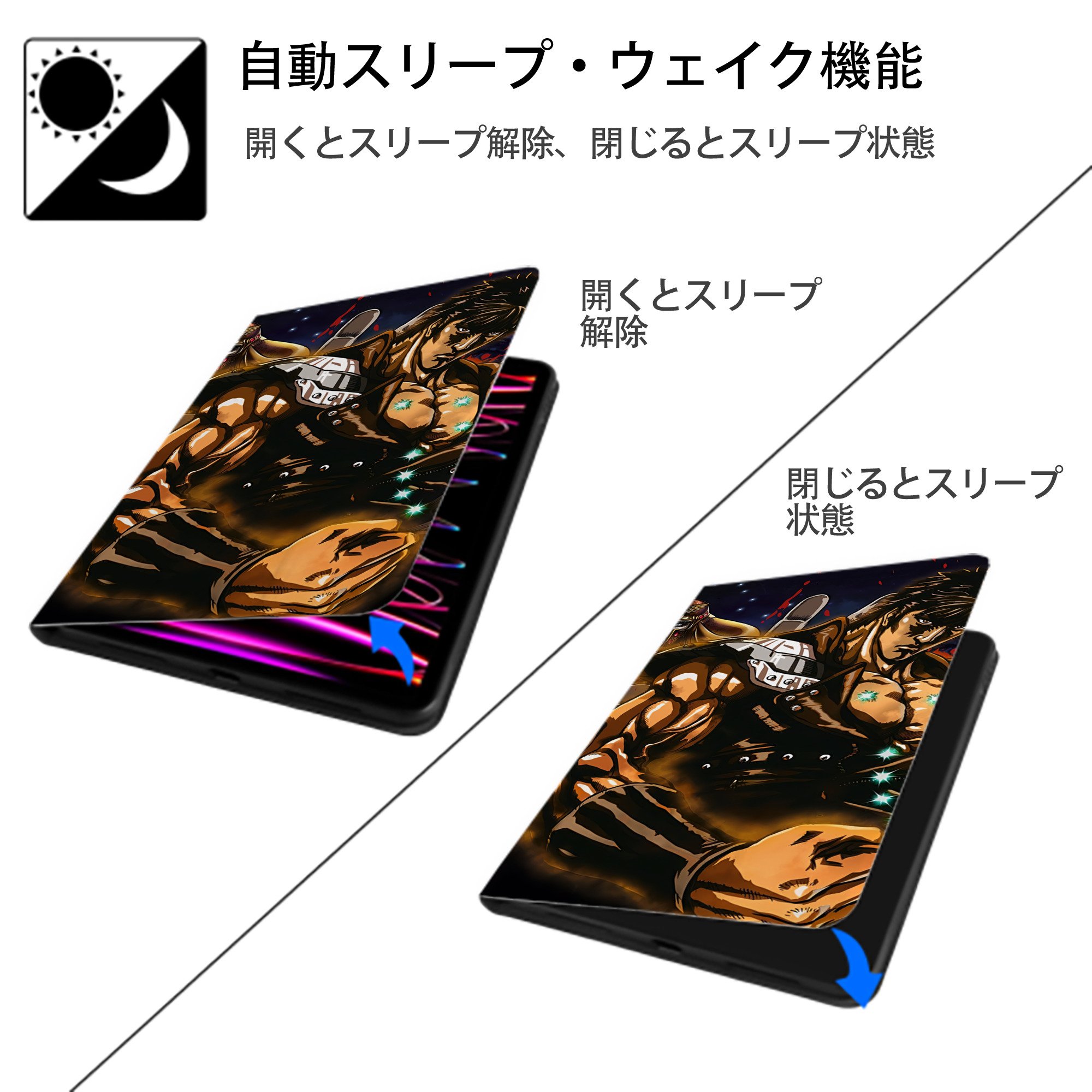 北斗の拳 Fist of the North Star IPad ケース ブック型 PUレザー TPU 耐衝撃 軽量 薄型 ペン収納なし 全面保護 IPad 各モデル対応