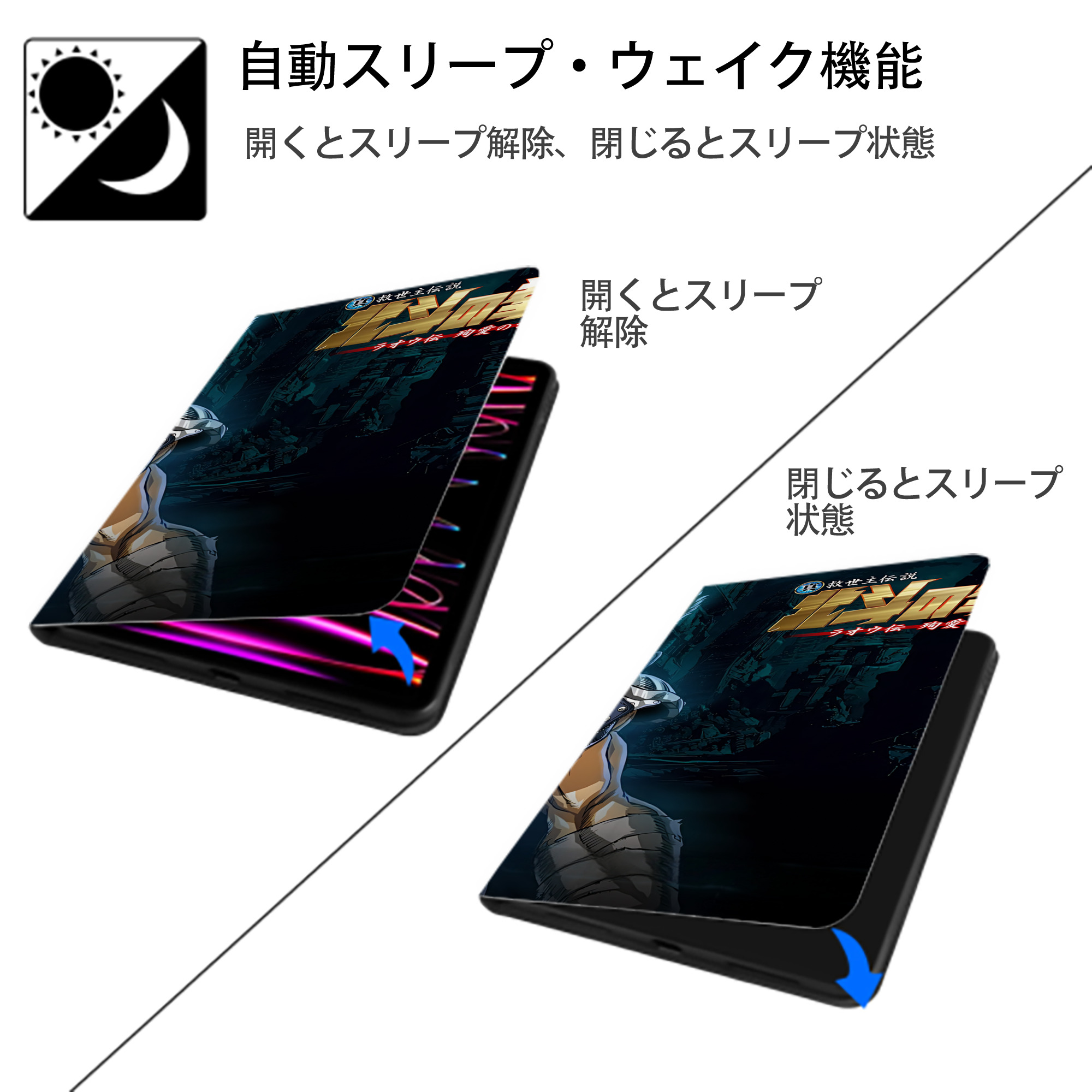 北斗の拳 Fist of the North Star IPad ケース ブック型 PUレザー TPU 耐衝撃 軽量 薄型 ペン収納なし 全面保護 IPad 各モデル対応