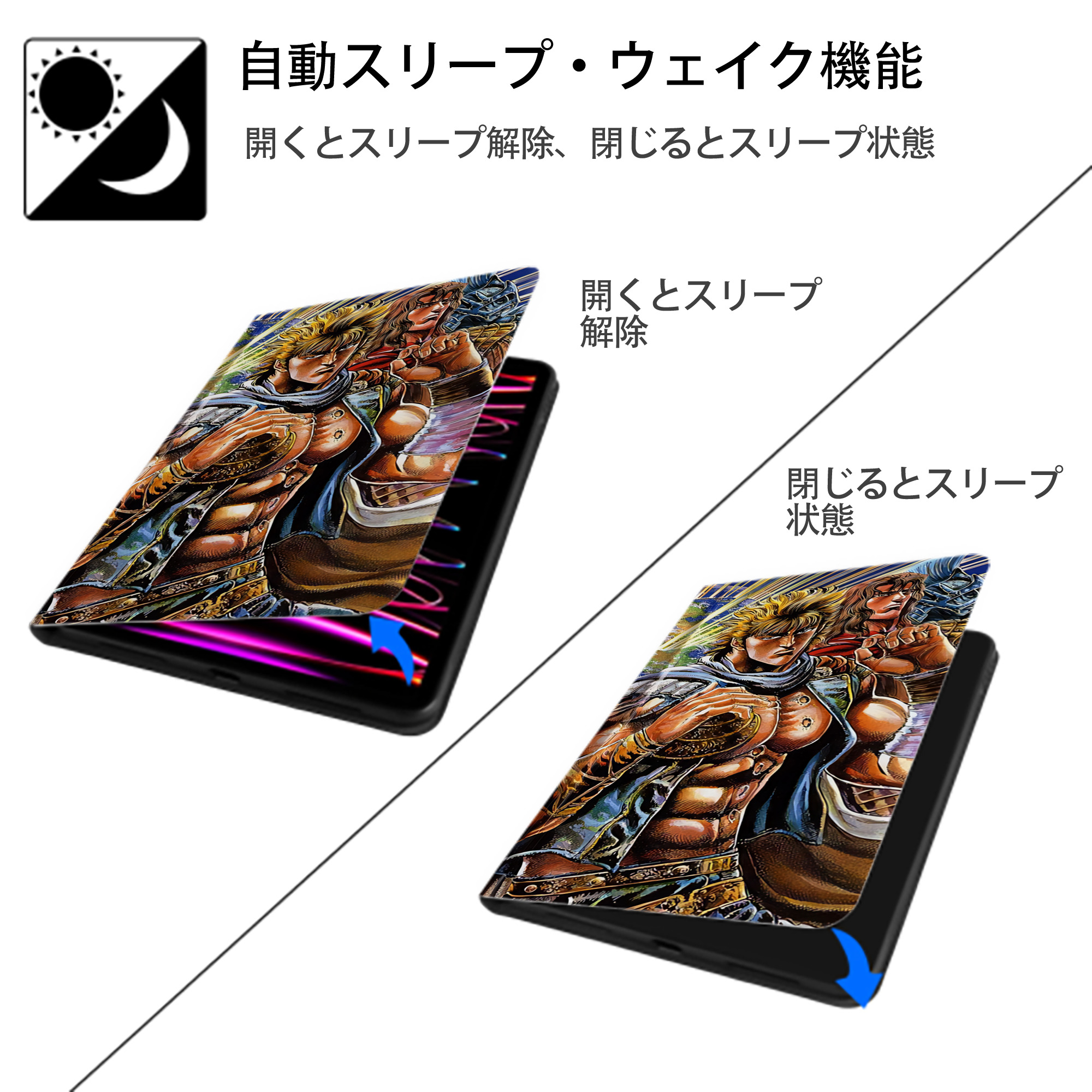北斗の拳 Fist of the North Star IPad ケース ブック型 PUレザー TPU 耐衝撃 軽量 薄型 ペン収納なし 全面保護 IPad 各モデル対応