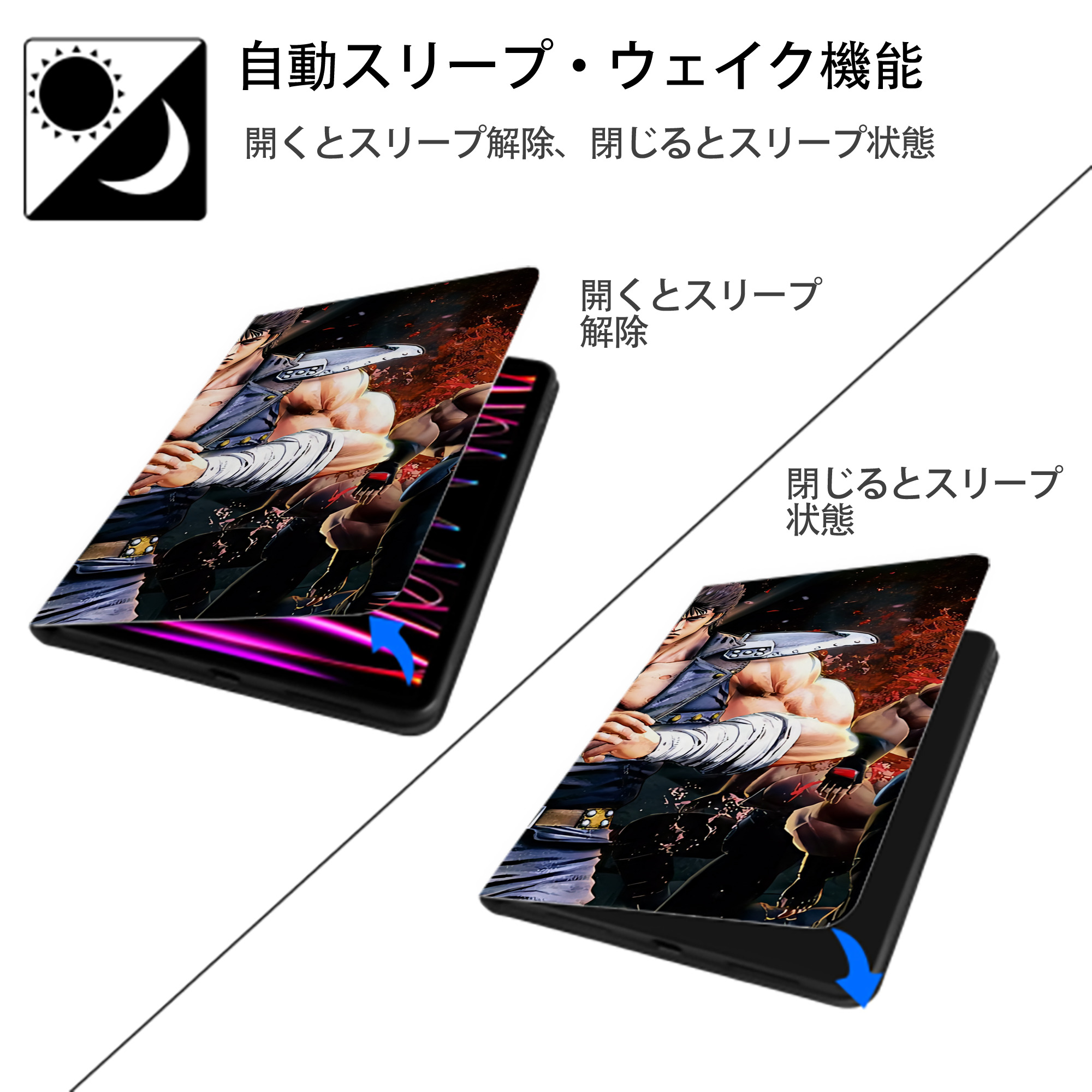北斗の拳 Fist of the North Star IPad ケース ブック型 PUレザー TPU 耐衝撃 軽量 薄型 ペン収納なし 全面保護 IPad 各モデル対応