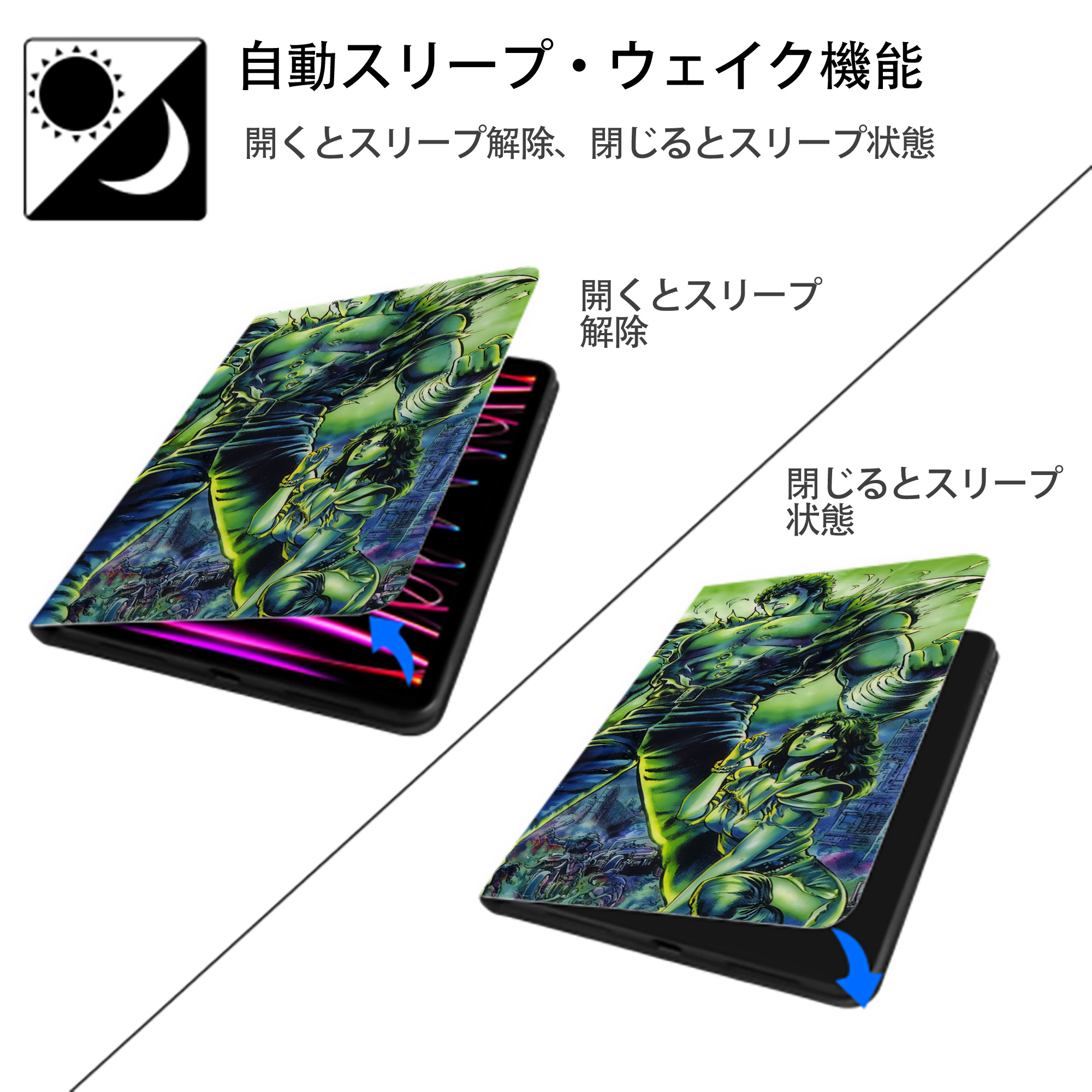 北斗の拳 Fist of the North Star IPadケース ペンホルダー付き ブックスタイルデザイン