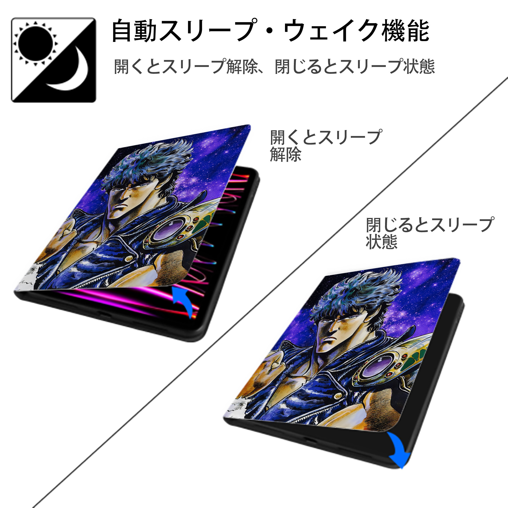 北斗の拳 Fist of the North Star IPad ケース ペン収納付き 三つ折りスタンド PUレザー×シリコン 対応機種9.5/10.5/10.9インチ