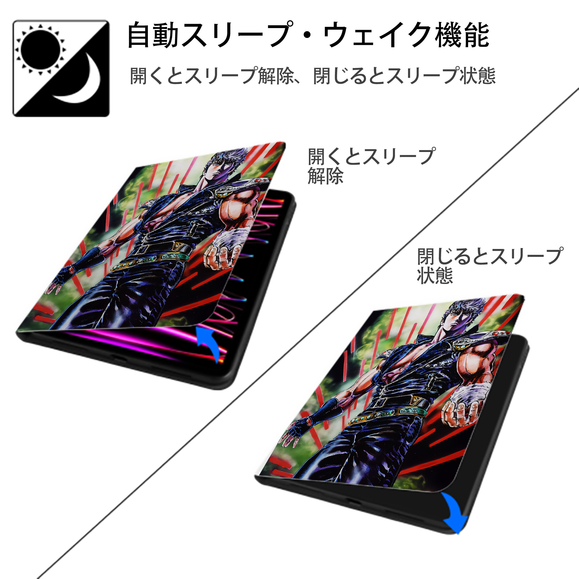 北斗の拳 Fist of the North Star IPad ケース ペン収納付き 三つ折りスタンド PUレザー×シリコン 対応機種9.5/10.5/10.9インチ