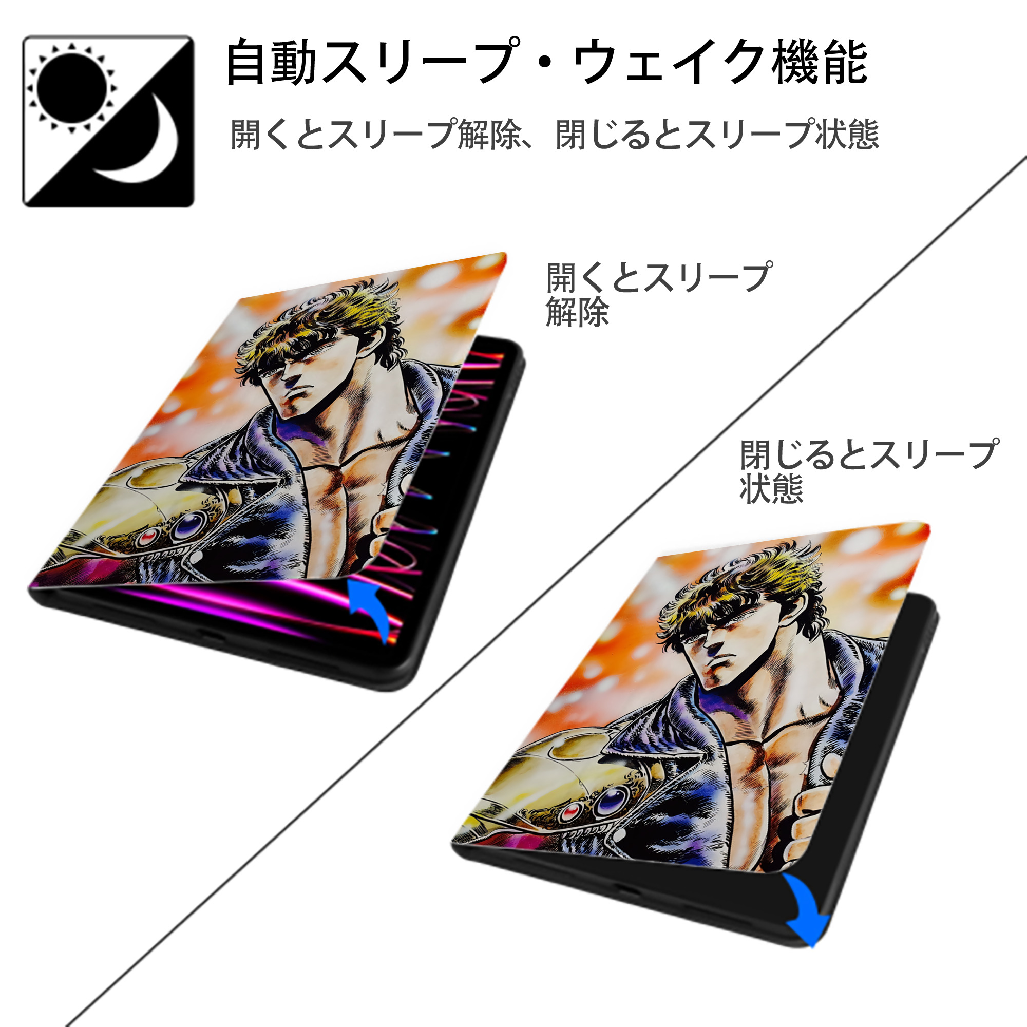 北斗の拳 Fist of the North Star IPad ケース ペン収納付き 三つ折りスタンド PUレザー×シリコン 対応機種9.5/10.5/10.9インチ