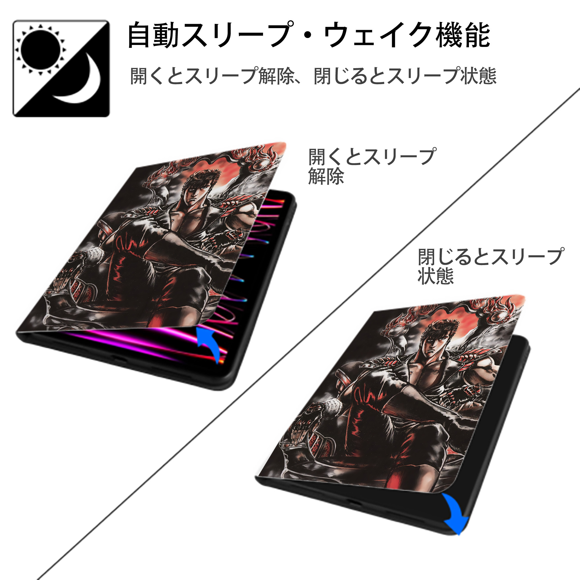 北斗の拳 Fist of the North Star IPad ケース ペン収納付き 三つ折りスタンド PUレザー×シリコン 対応機種9.5/10.5/10.9インチ