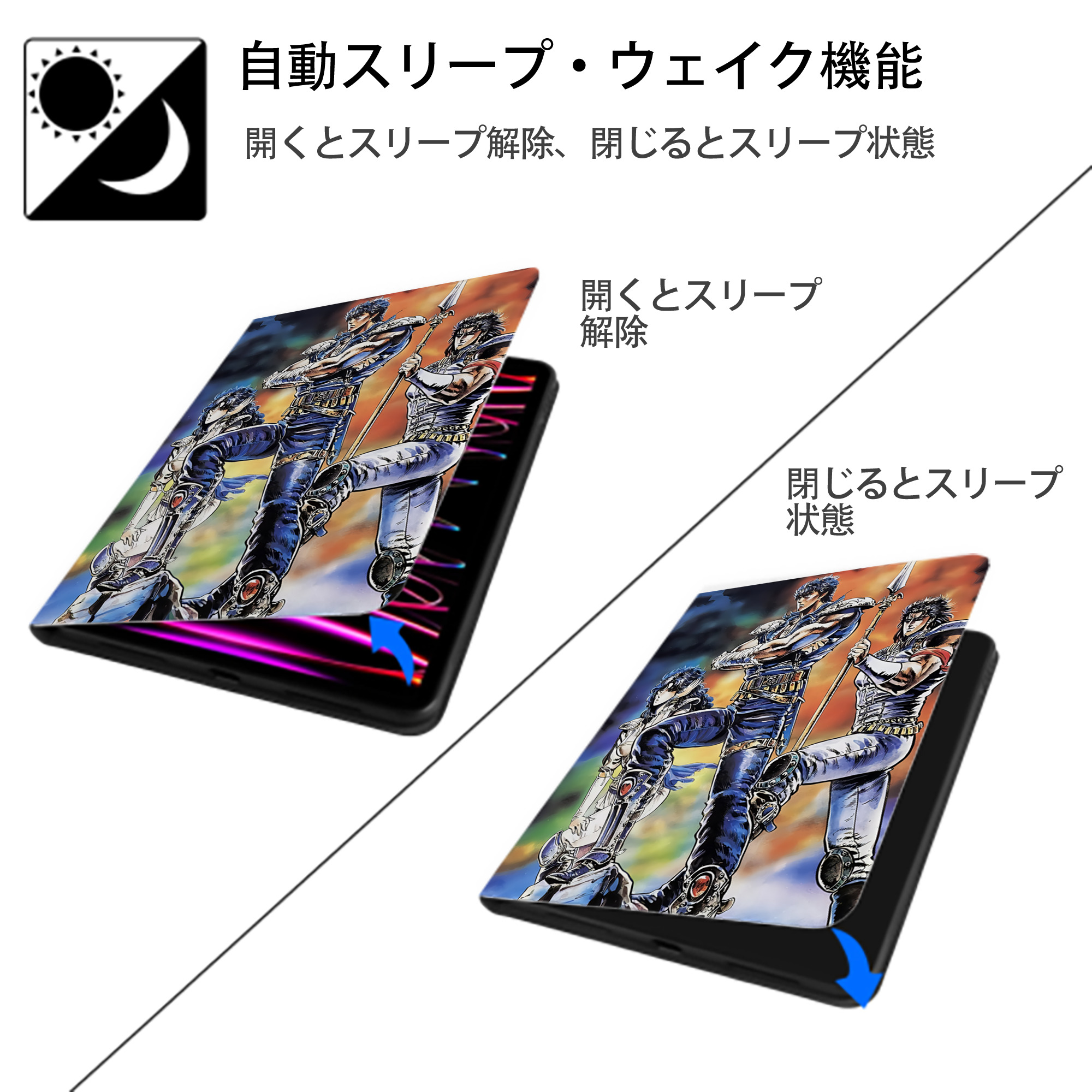 北斗の拳 Fist of the North Star IPad ケース ペン収納付き 三つ折りスタンド PUレザー×シリコン 対応機種9.5/10.5/10.9インチ