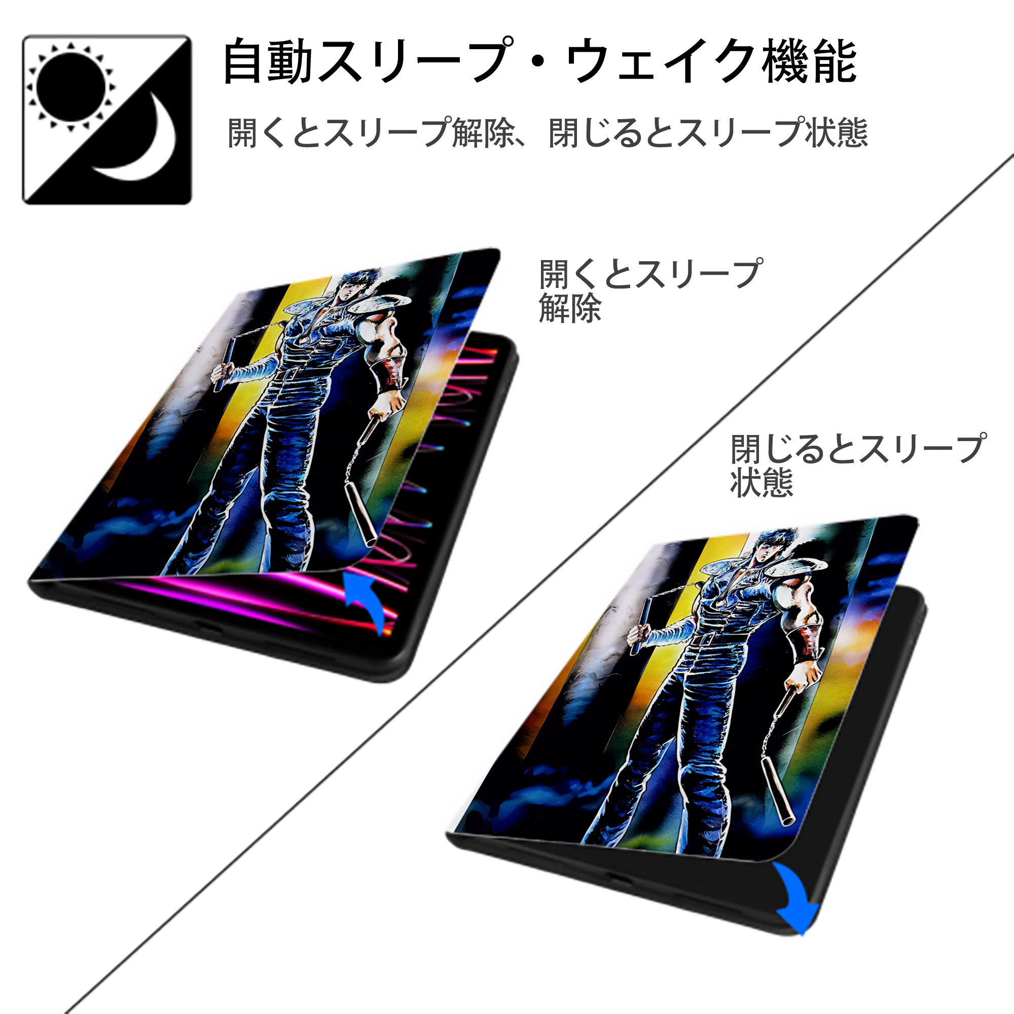 北斗の拳 Fist of the North Star IPad ケース ペン収納付き 三つ折りスタンド PUレザー×シリコン 対応機種9.5/10.5/10.9インチ