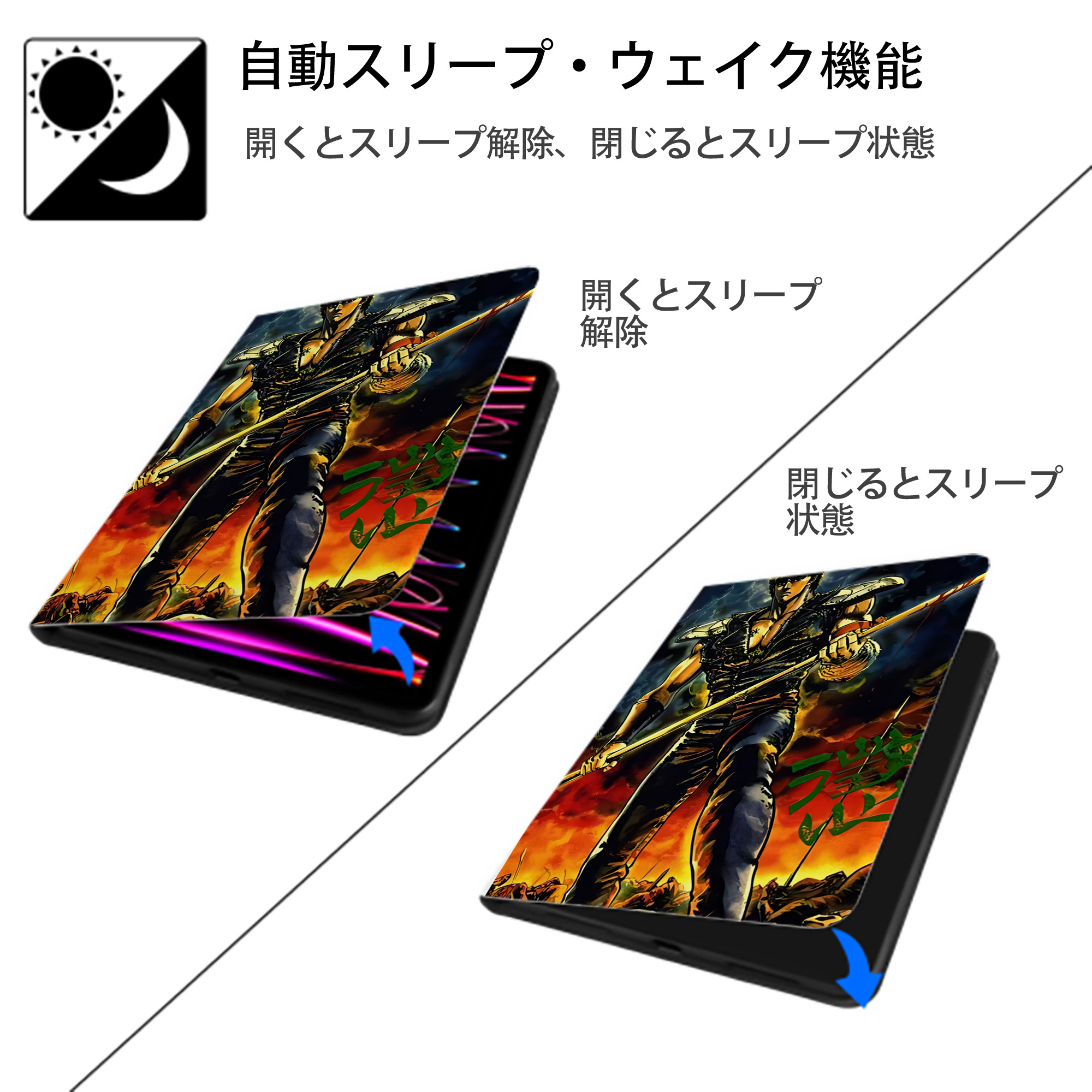北斗の拳 Fist of the North Star IPad ケース ペン収納付き 三つ折りスタンド PUレザー×シリコン 対応機種9.5/10.5/10.9インチ