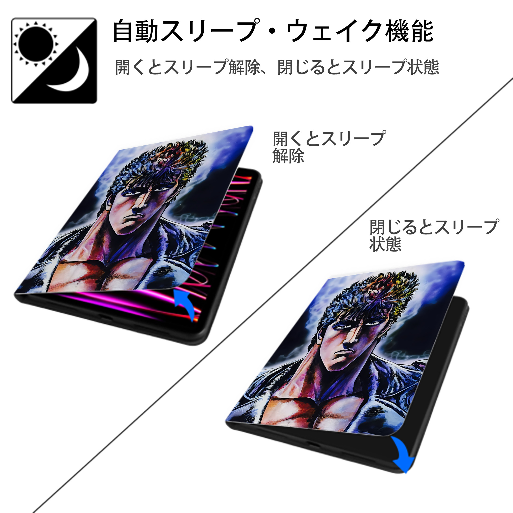 北斗の拳 Fist of the North Star IPad ケース ペン収納付き 三つ折りスタンド PUレザー×シリコン 対応機種9.5/10.5/10.9インチ