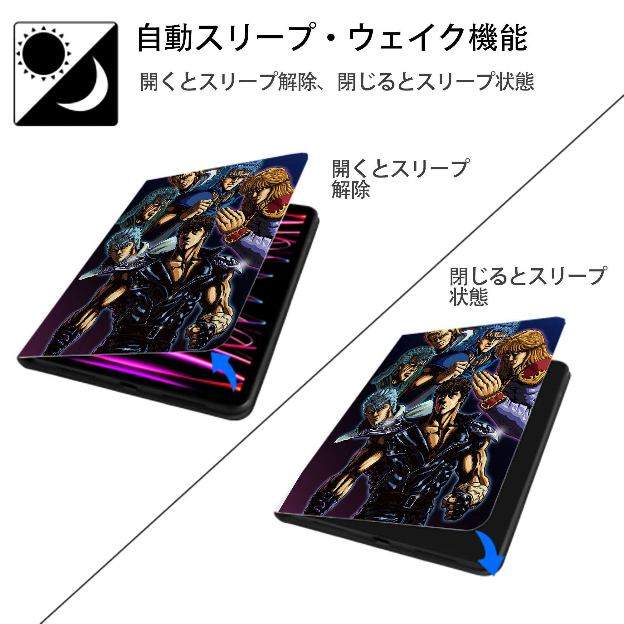 北斗の拳 Fist of the North Star IPad ケース ペン収納付き 三つ折りスタンド PUレザー×シリコン 対応機種9.5/10.5/10.9インチ