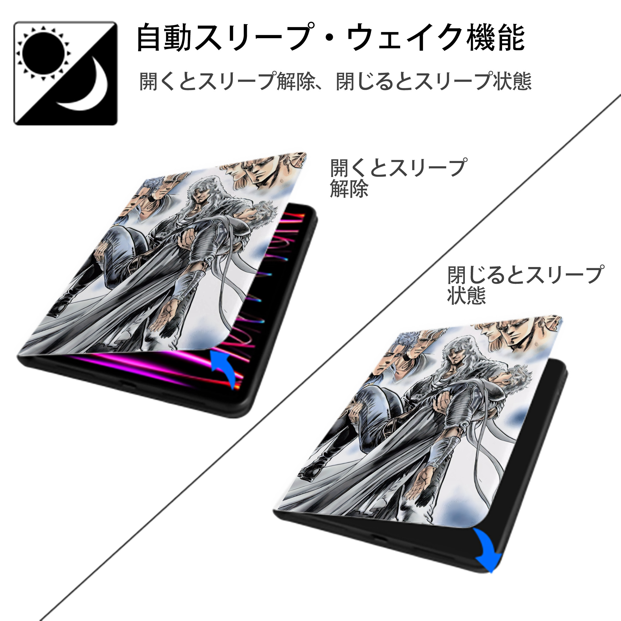 北斗の拳 Fist of the North Star IPad ケース ペン収納付き 三つ折りスタンド PUレザー×シリコン 対応機種9.5/10.5/10.9インチ