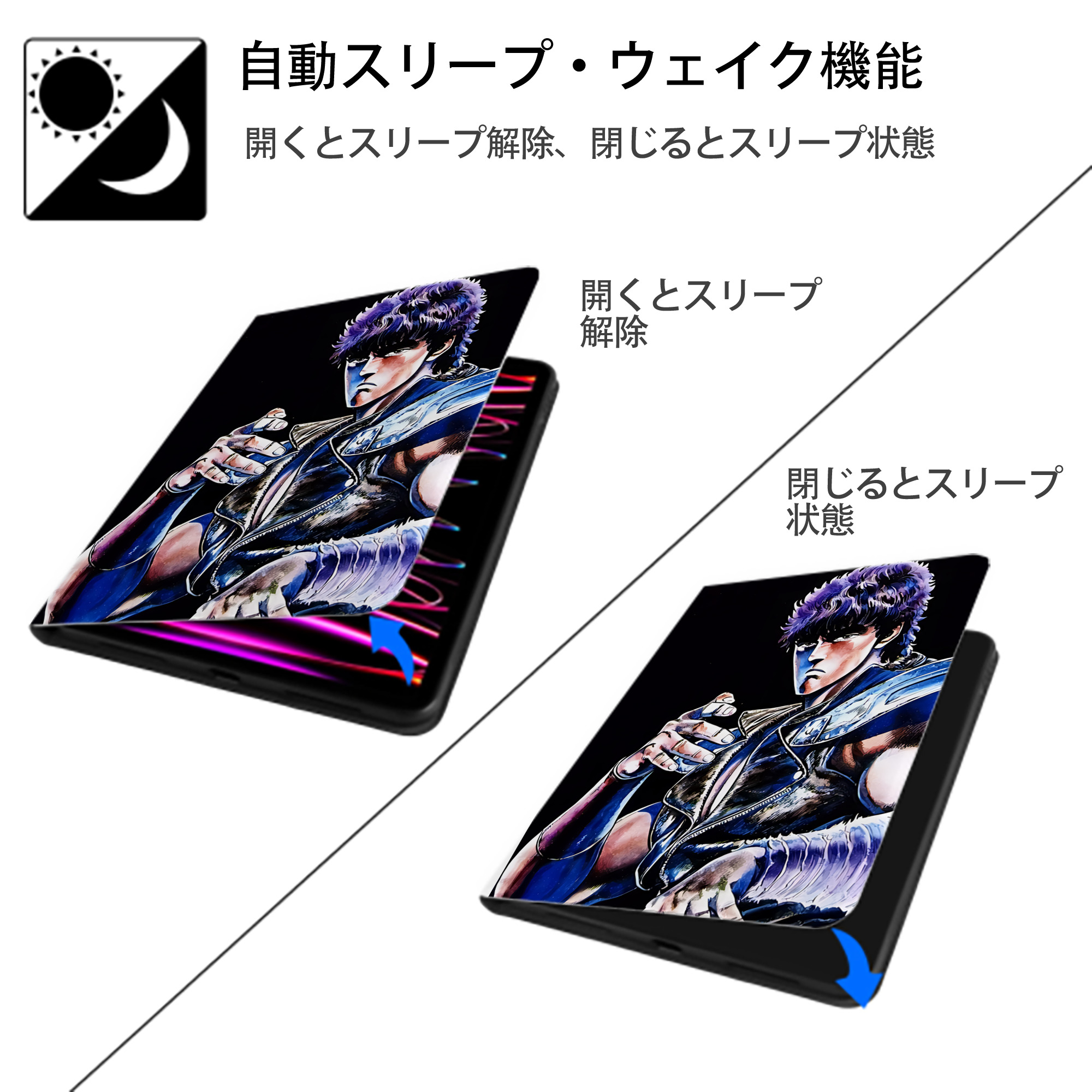 北斗の拳 Fist of the North Star IPad ケース ペン収納付き 三つ折りスタンド PUレザー×シリコン 対応機種9.5/10.5/10.9インチ