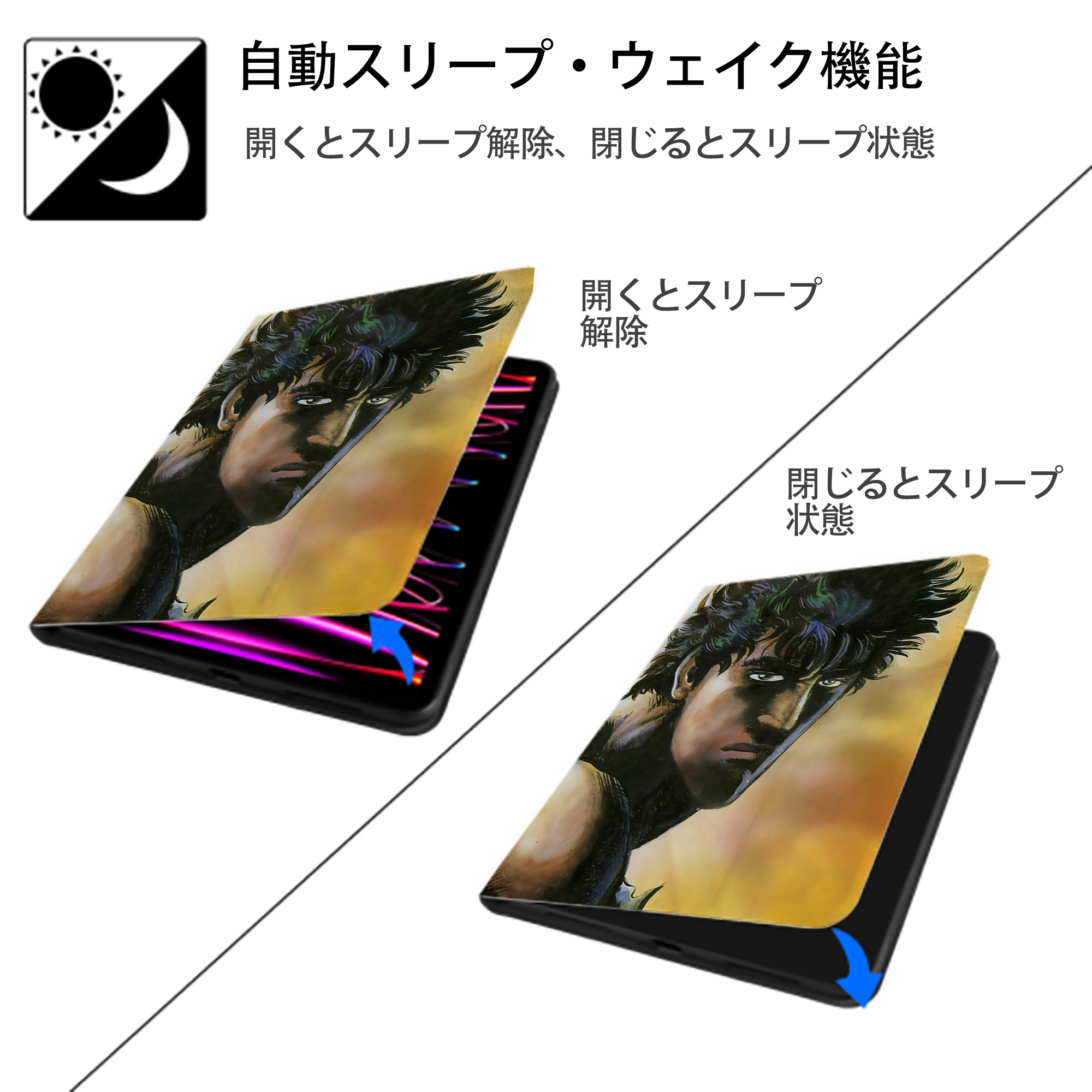 北斗の拳 Fist of the North Star IPad ケース ペン収納付き 三つ折りスタンド PUレザー×シリコン 対応機種9.5/10.5/10.9インチ