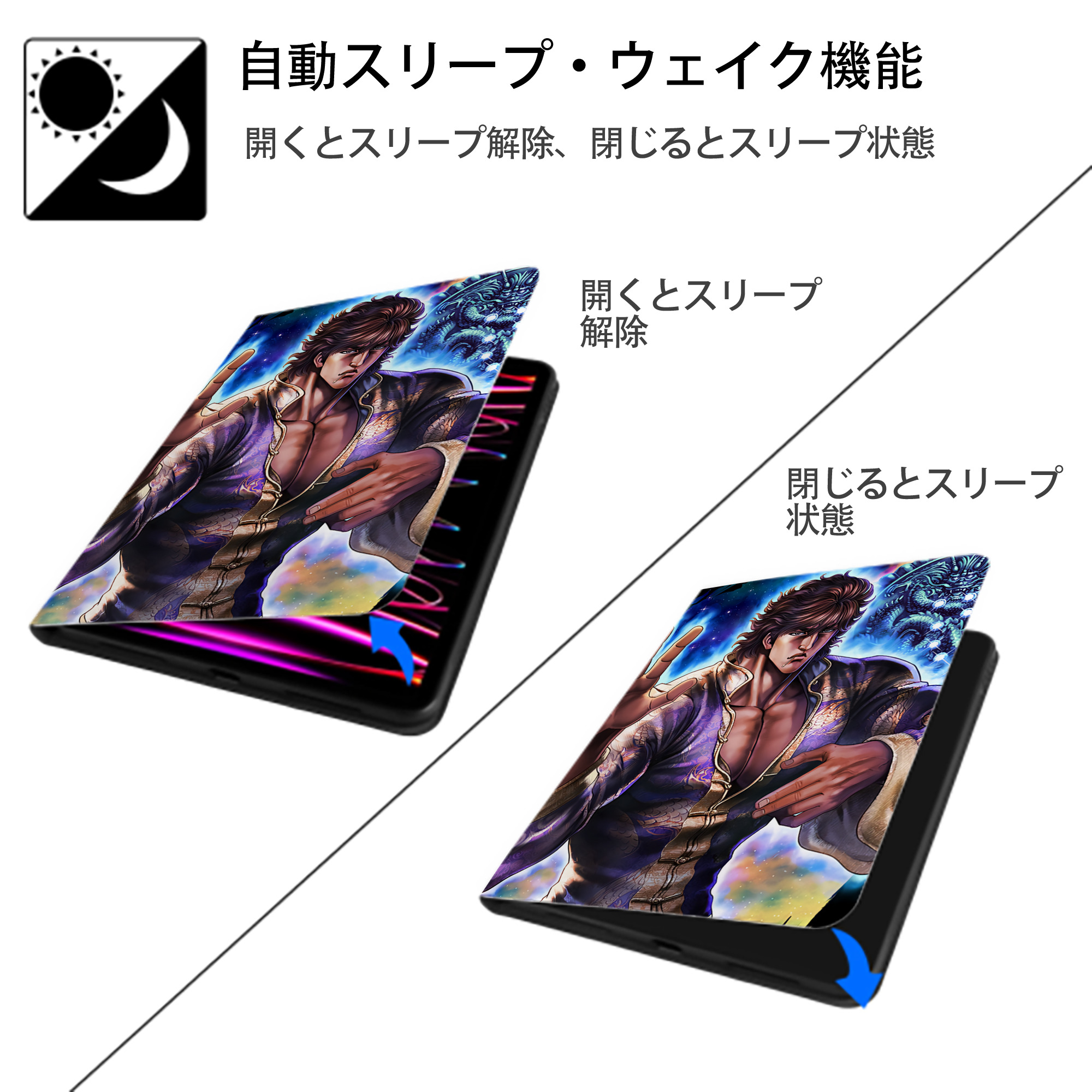 北斗の拳 Fist of the North Star IPad ケース ペン収納付き 三つ折りスタンド PUレザー×シリコン 対応機種9.5/10.5/10.9インチ