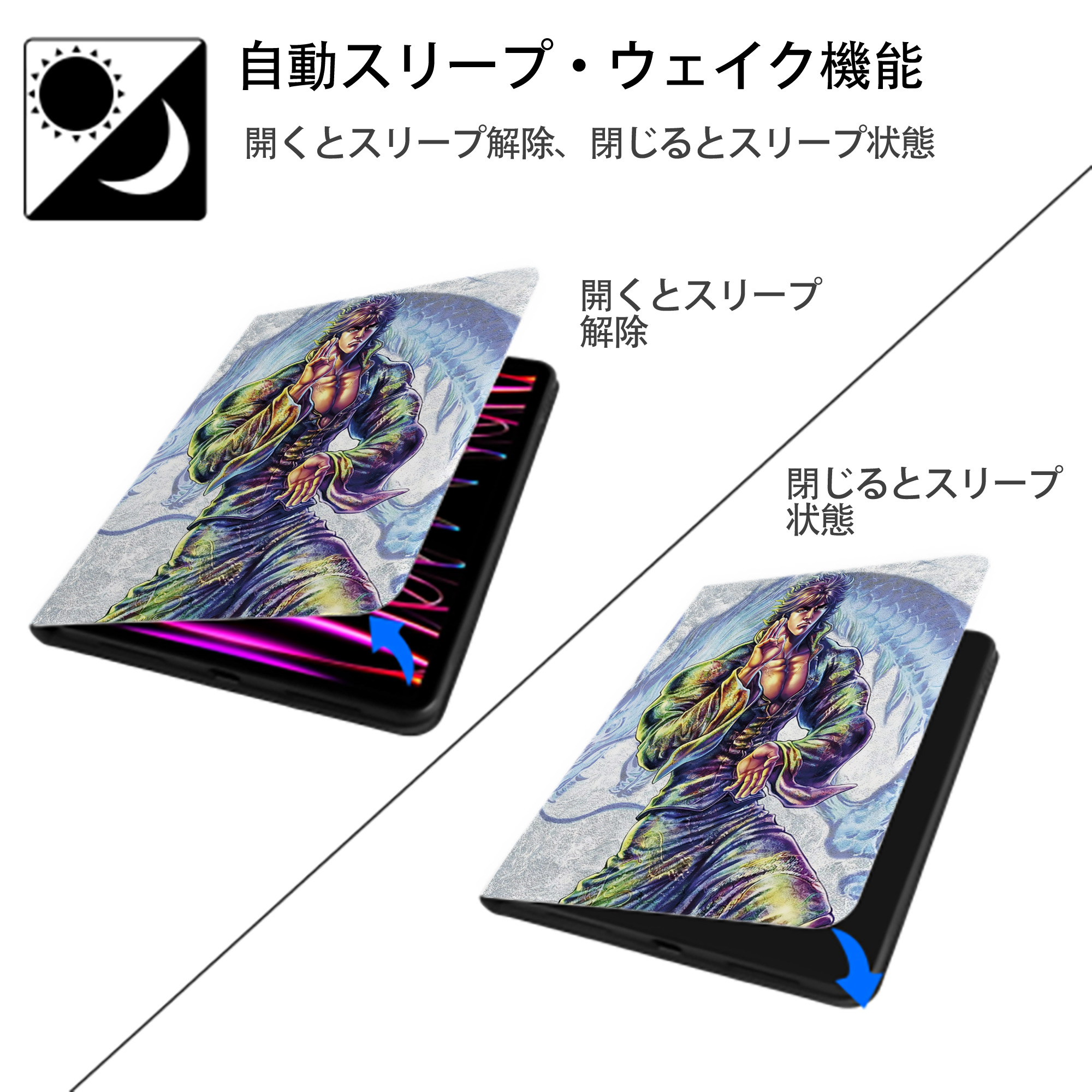 北斗の拳 Fist of the North Star IPad ケース ペン収納付き 三つ折りスタンド PUレザー×シリコン 対応機種9.5/10.5/10.9インチ