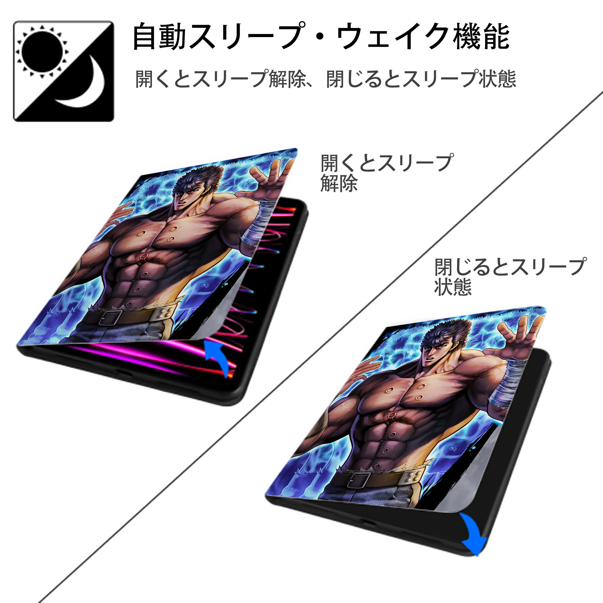 北斗の拳 Fist of the North Star IPad ケース ペン収納付き 三つ折りスタンド PUレザー×シリコン 対応機種9.5/10.5/10.9インチ
