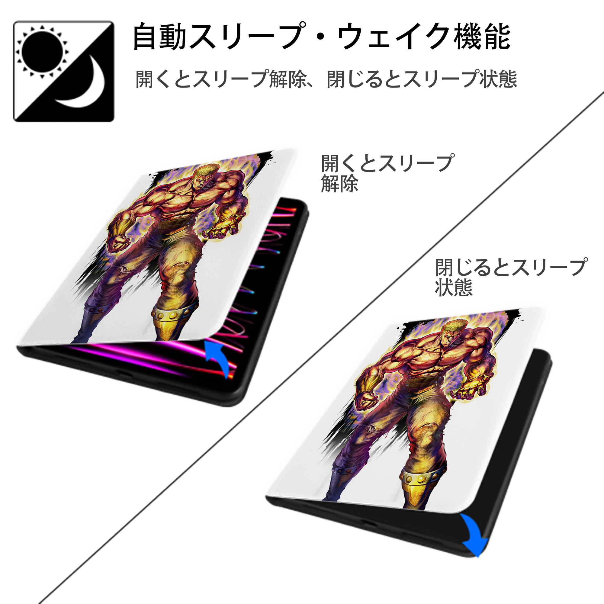北斗の拳 Fist of the North Star IPad ケース ペン収納付き 三つ折りスタンド PUレザー×シリコン 対応機種9.5/10.5/10.9インチ