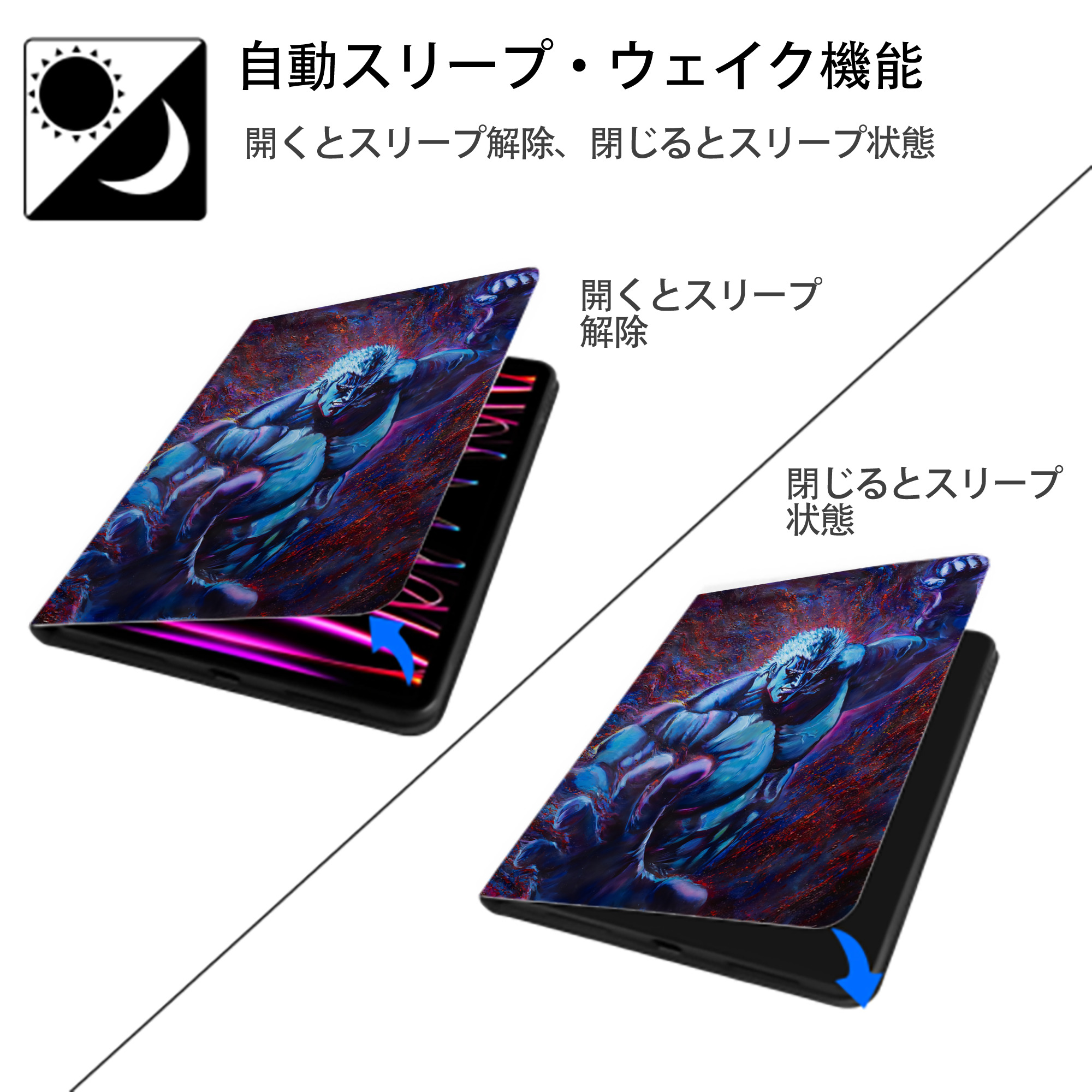 北斗の拳 Fist of the North Star IPad ケース ペン収納付き 三つ折りスタンド PUレザー×シリコン 対応機種9.5/10.5/10.9インチ