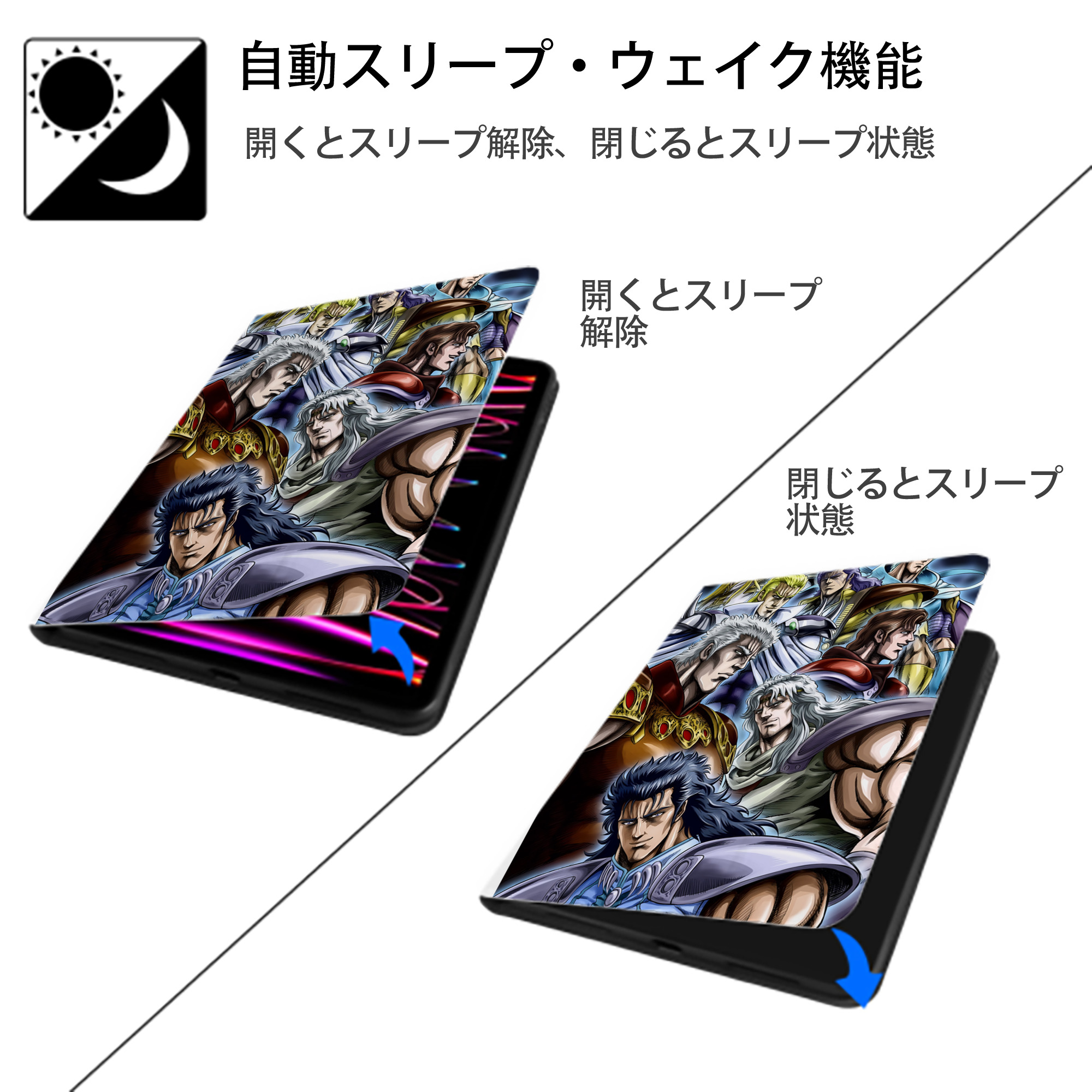 北斗の拳 Fist of the North Star IPad ケース ペン収納付き 三つ折りスタンド PUレザー×シリコン 対応機種9.5/10.5/10.9インチ