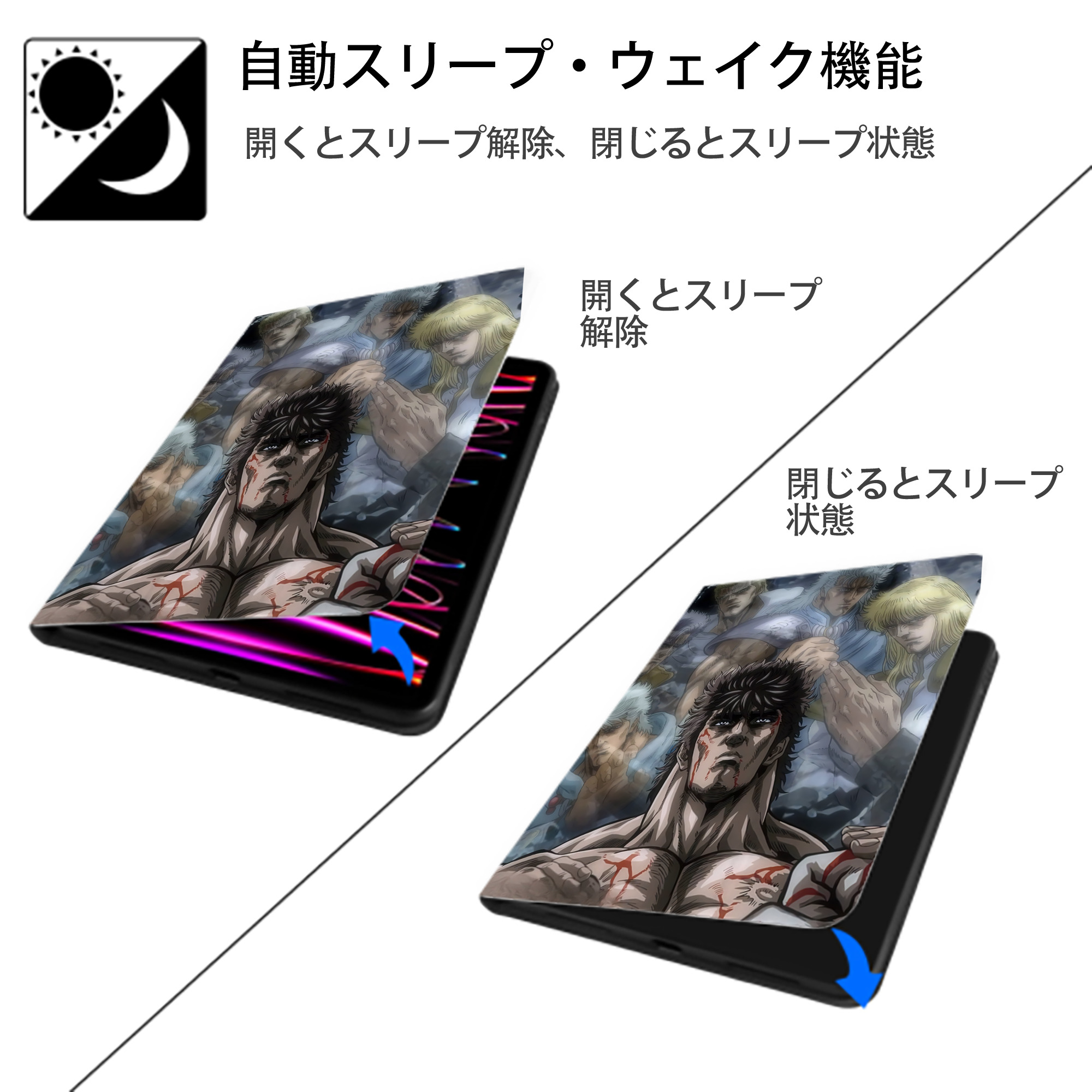北斗の拳 Fist of the North Star IPad ケース ペン収納付き 三つ折りスタンド PUレザー×シリコン 対応機種9.5/10.5/10.9インチ