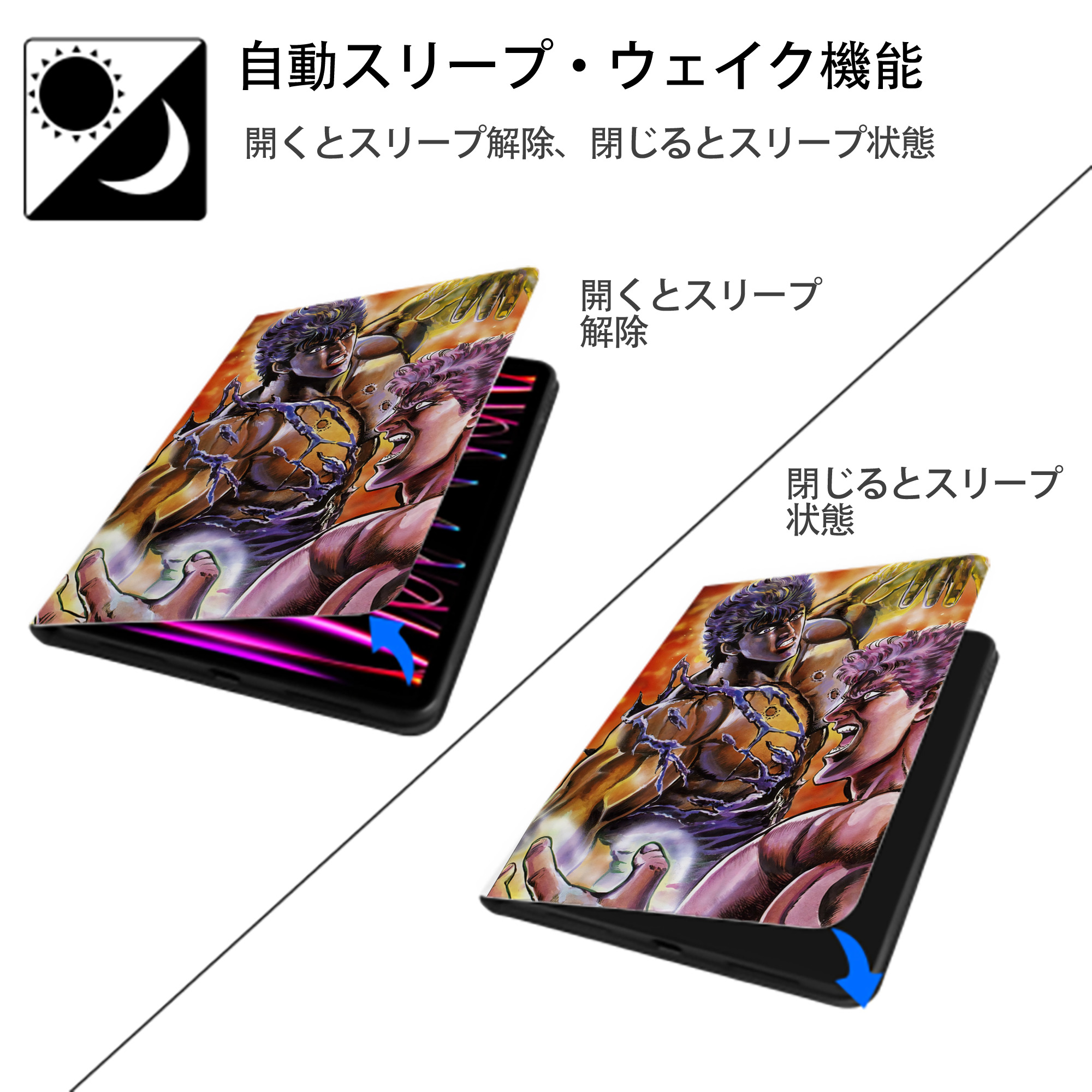 北斗の拳 Fist of the North Star IPad ケース ペン収納付き 三つ折りスタンド PUレザー×シリコン 対応機種9.5/10.5/10.9インチ