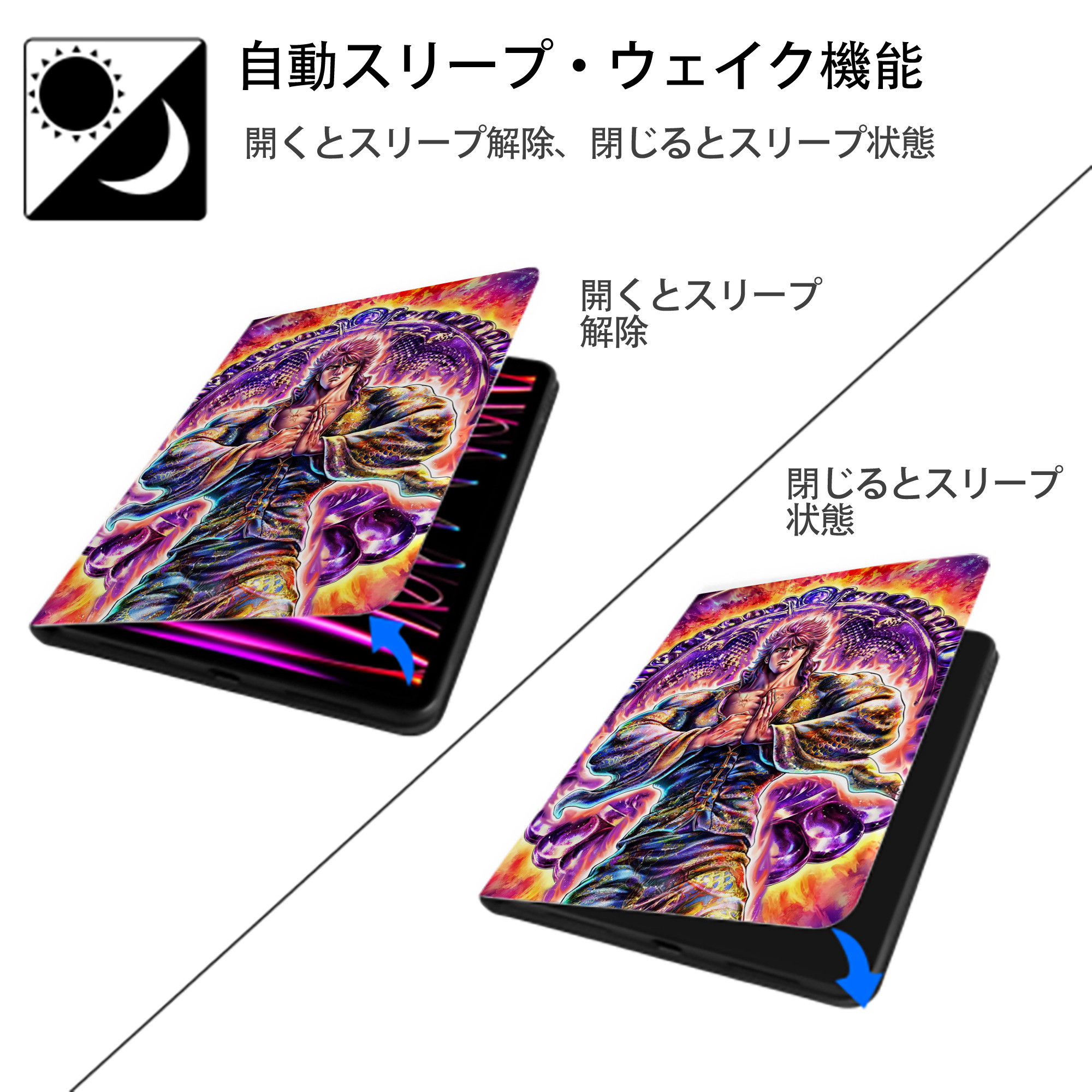 北斗の拳 Fist of the North Star IPad ケース ペン収納付き 三つ折りスタンド PUレザー×シリコン 対応機種9.5/10.5/10.9インチ