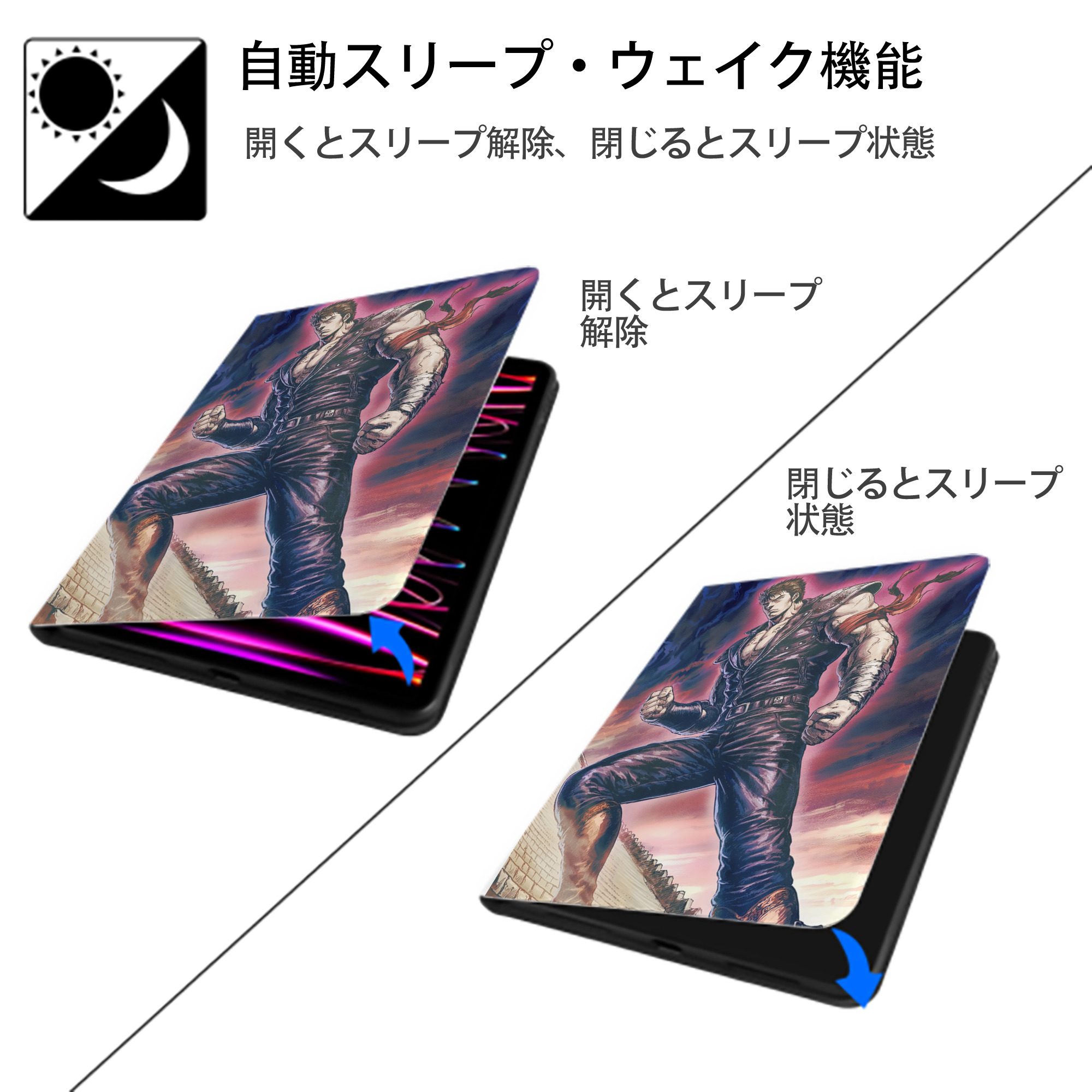 北斗の拳 Fist of the North Star IPad ケース ペン収納付き 三つ折りスタンド PUレザー×シリコン 対応機種9.5/10.5/10.9インチ