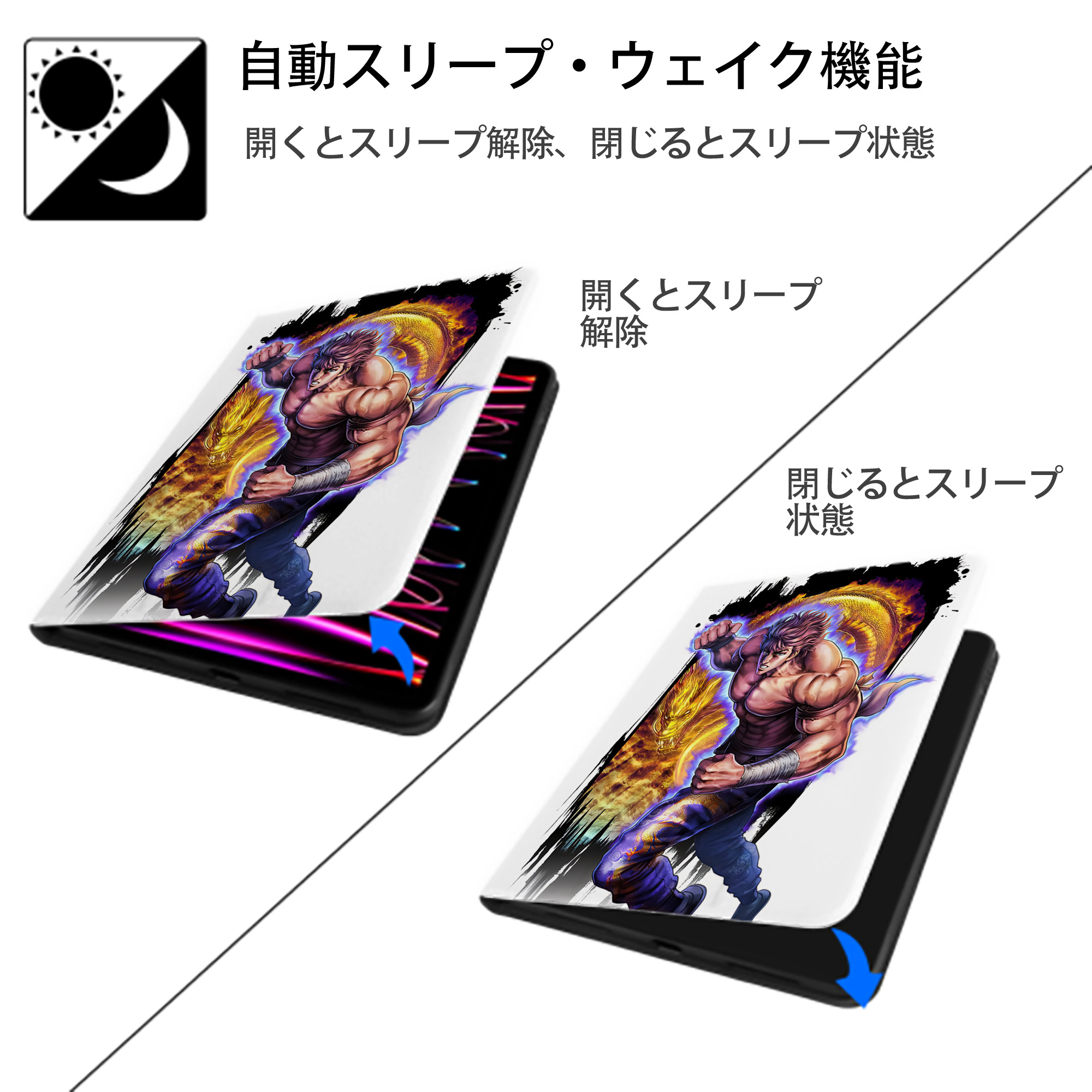 北斗の拳 Fist of the North Star IPad ケース ペン収納付き 三つ折りスタンド PUレザー×シリコン 対応機種9.5/10.5/10.9インチ