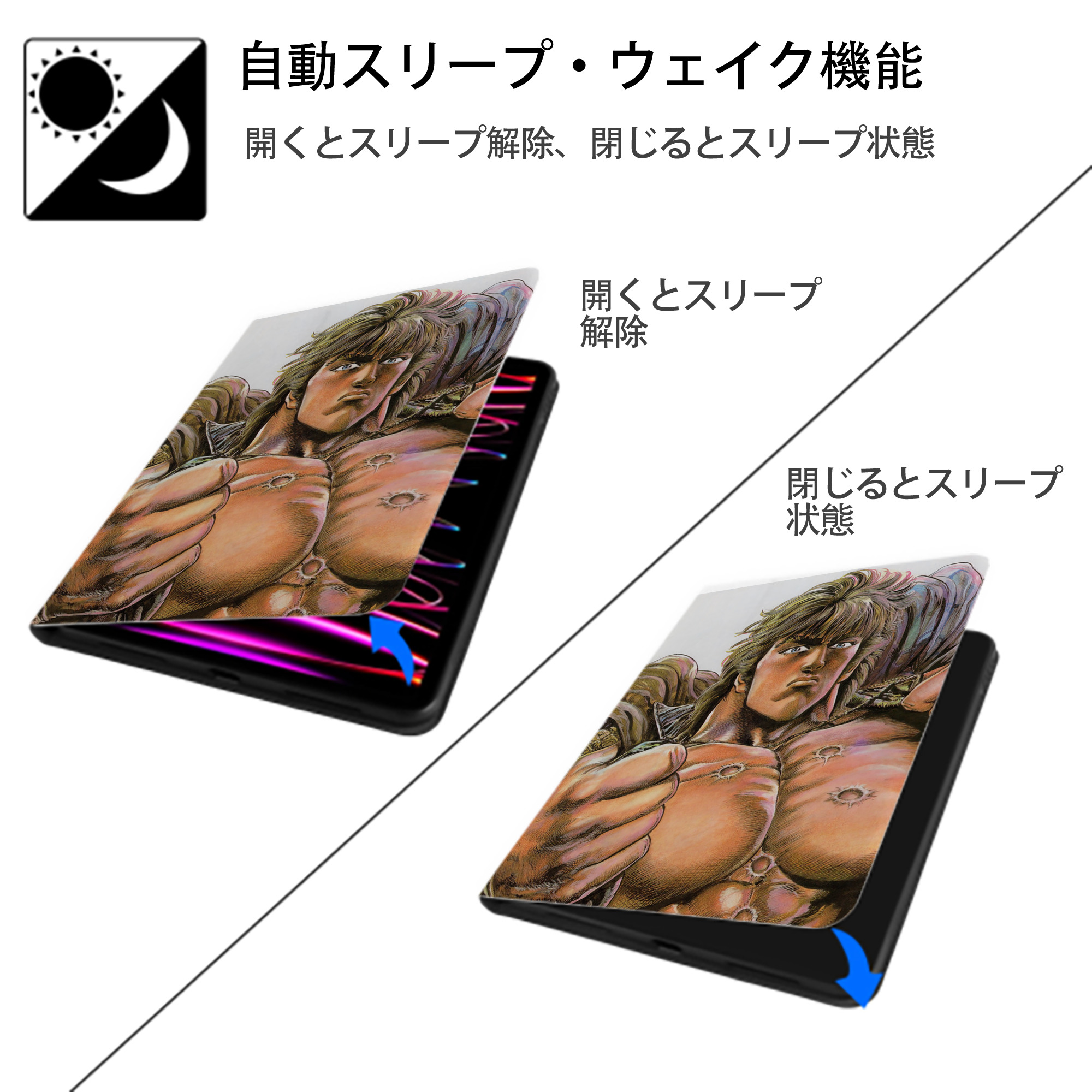 北斗の拳 Fist of the North Star IPad ケース ペン収納付き 三つ折りスタンド PUレザー×シリコン 対応機種9.5/10.5/10.9インチ
