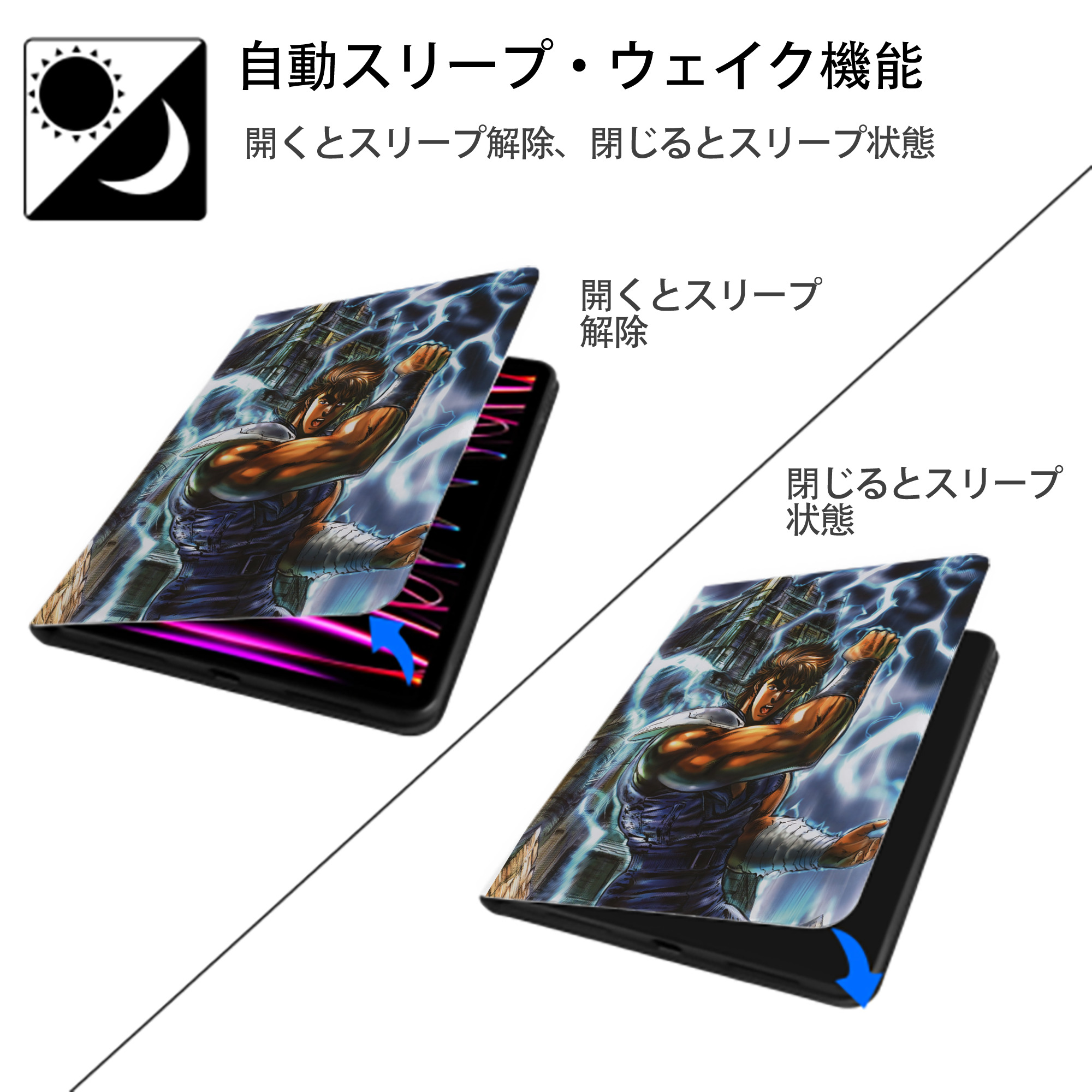 北斗の拳 Fist of the North Star IPad ケース ペン収納付き 三つ折りスタンド PUレザー×シリコン 対応機種9.5/10.5/10.9インチ