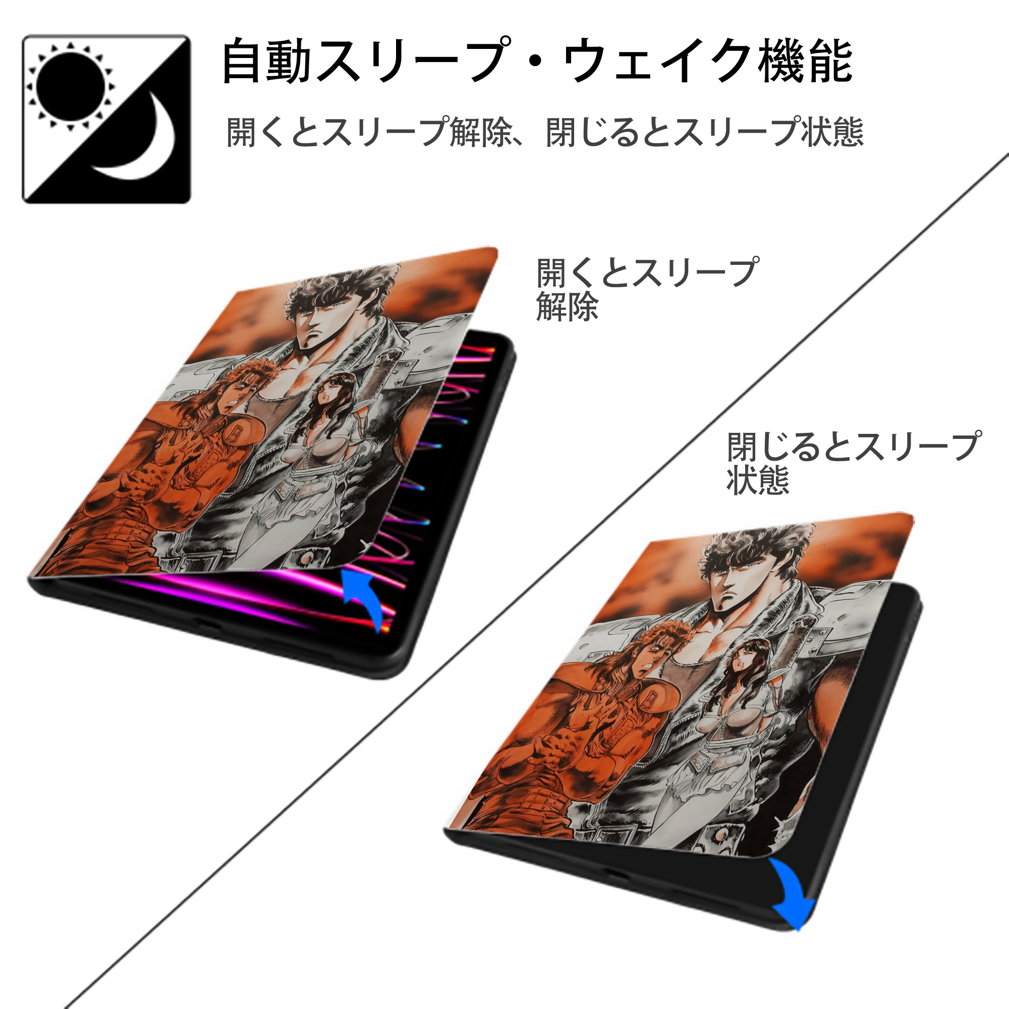 北斗の拳 Fist of the North Star IPad ケース ペン収納付き 三つ折りスタンド PUレザー×シリコン 対応機種9.5/10.5/10.9インチ