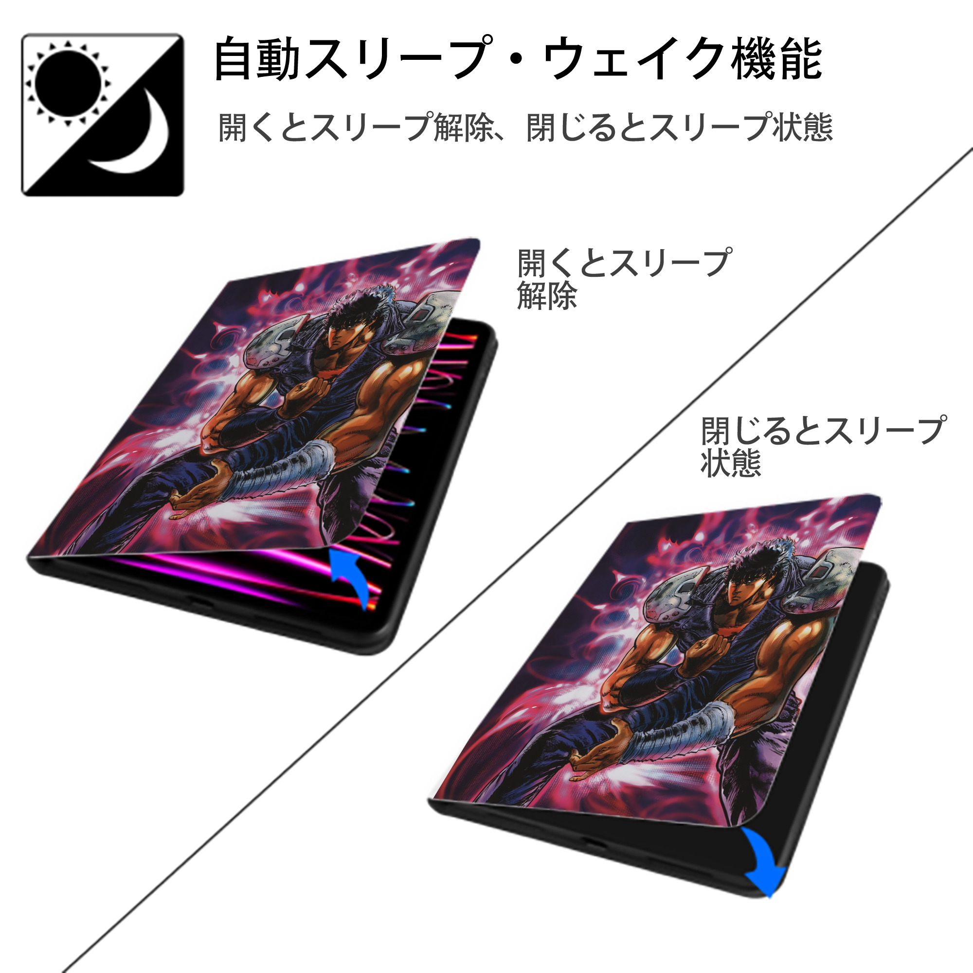 北斗の拳 Fist of the North Star IPad ケース ペン収納付き 三つ折りスタンド PUレザー×シリコン 対応機種9.5/10.5/10.9インチ