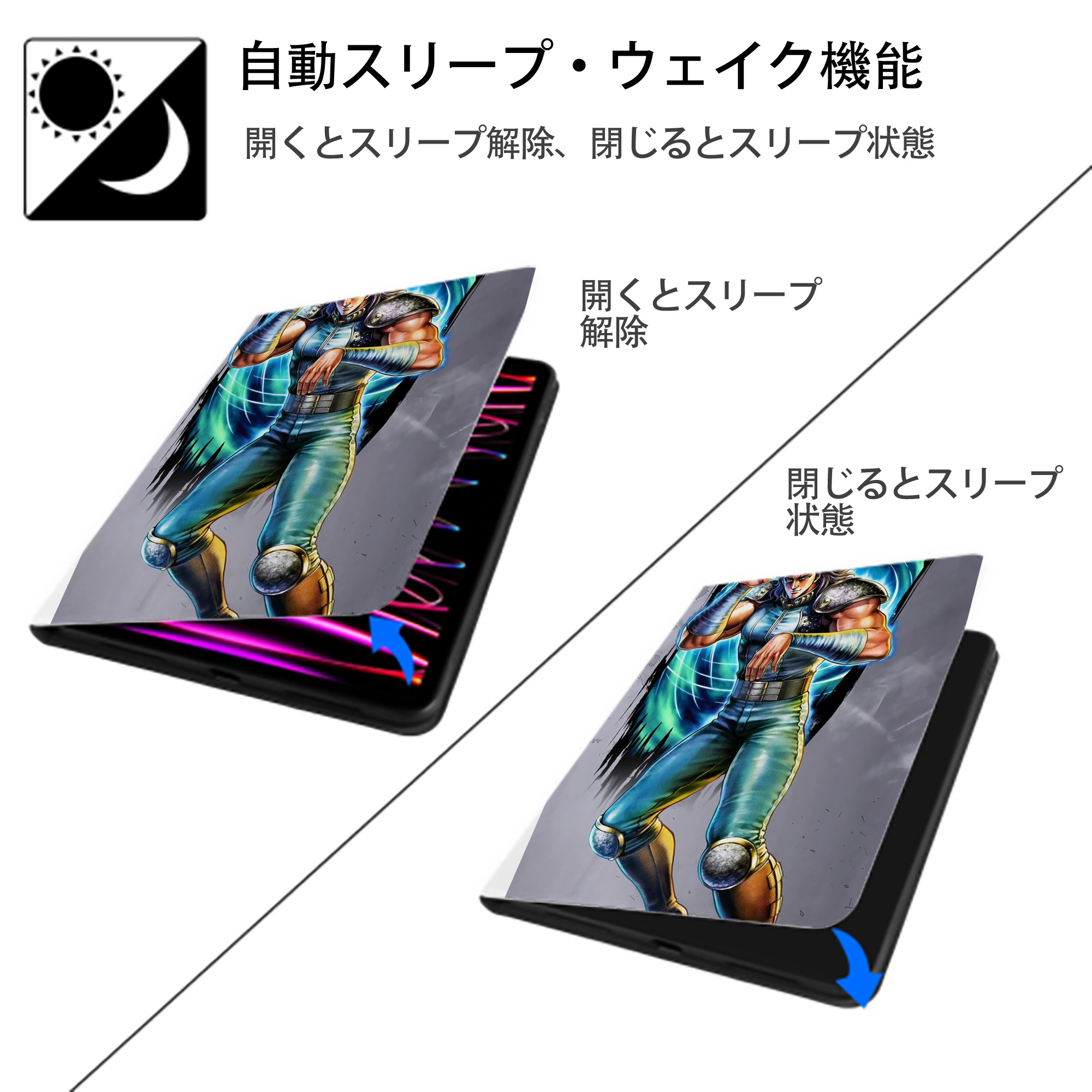 北斗の拳 Fist of the North Star IPad ケース ペン収納付き 三つ折りスタンド PUレザー×シリコン 対応機種9.5/10.5/10.9インチ